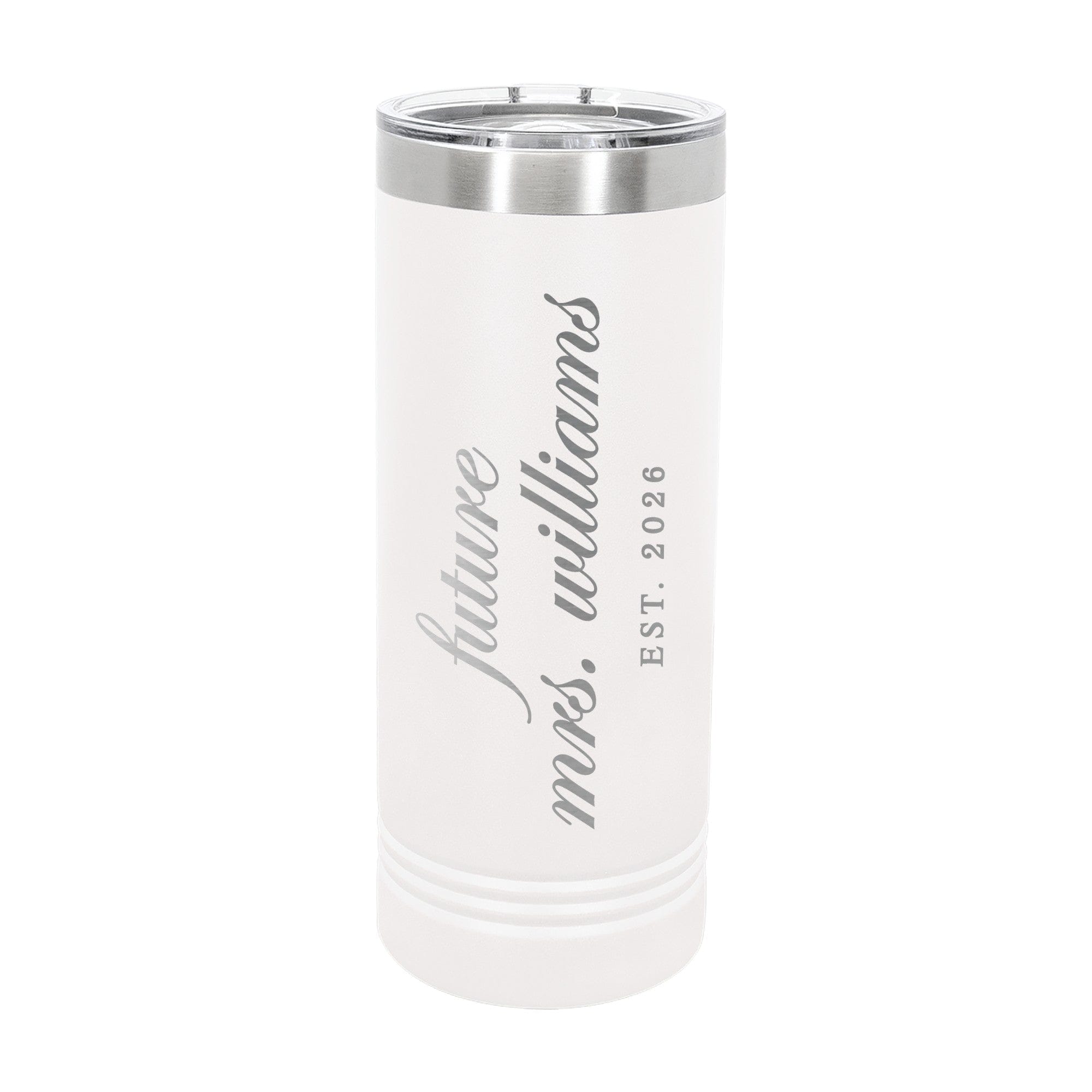 A sleek, tall white insulated tumbler with a stainless steel rim and clear lid, designed for a bridal context.