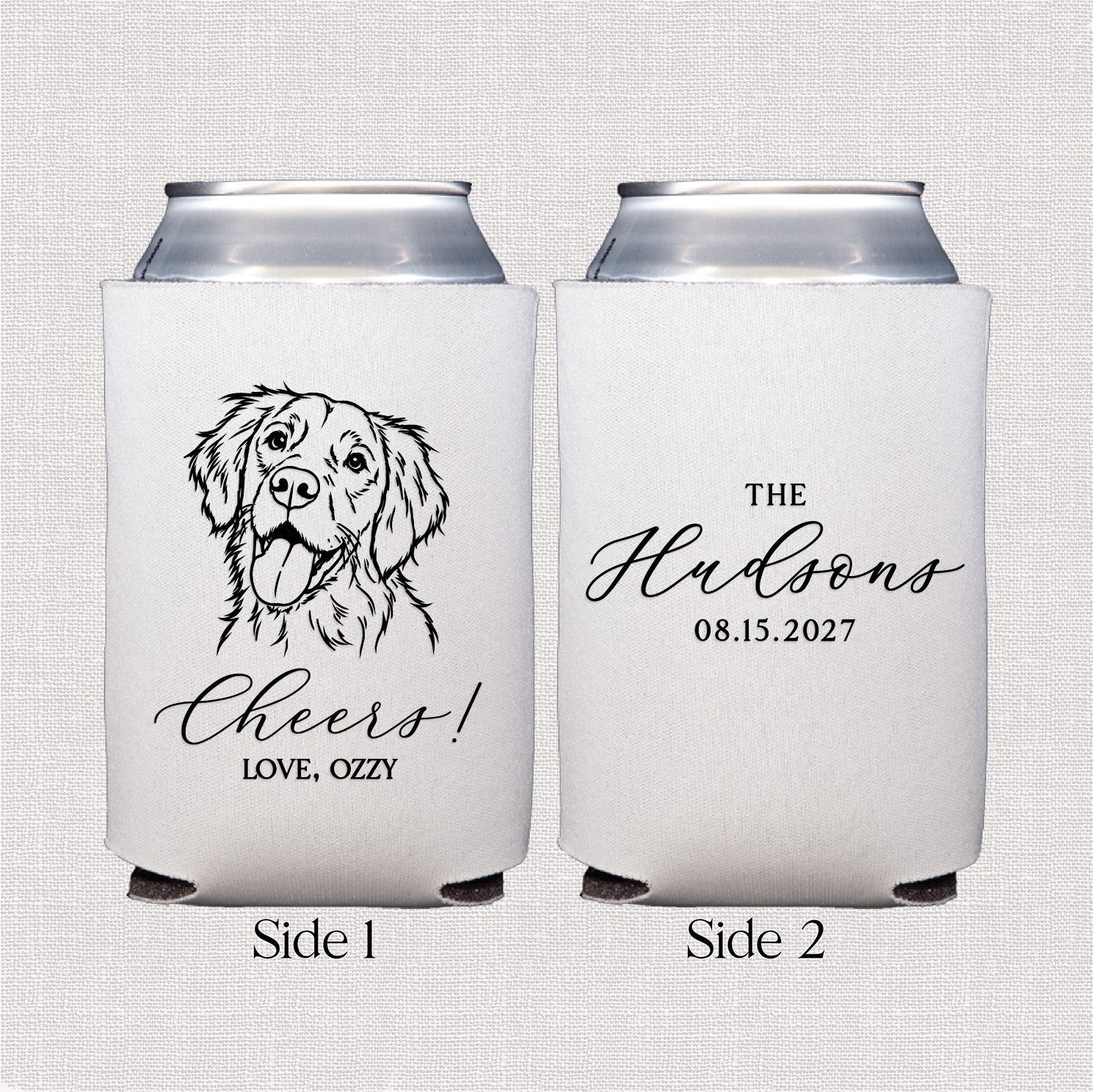A white personalized can cooler is presented with two sides visible, one featuring a custom black line-art dog illustration and the other displaying personalized text, ideal as a wedding or party favor.