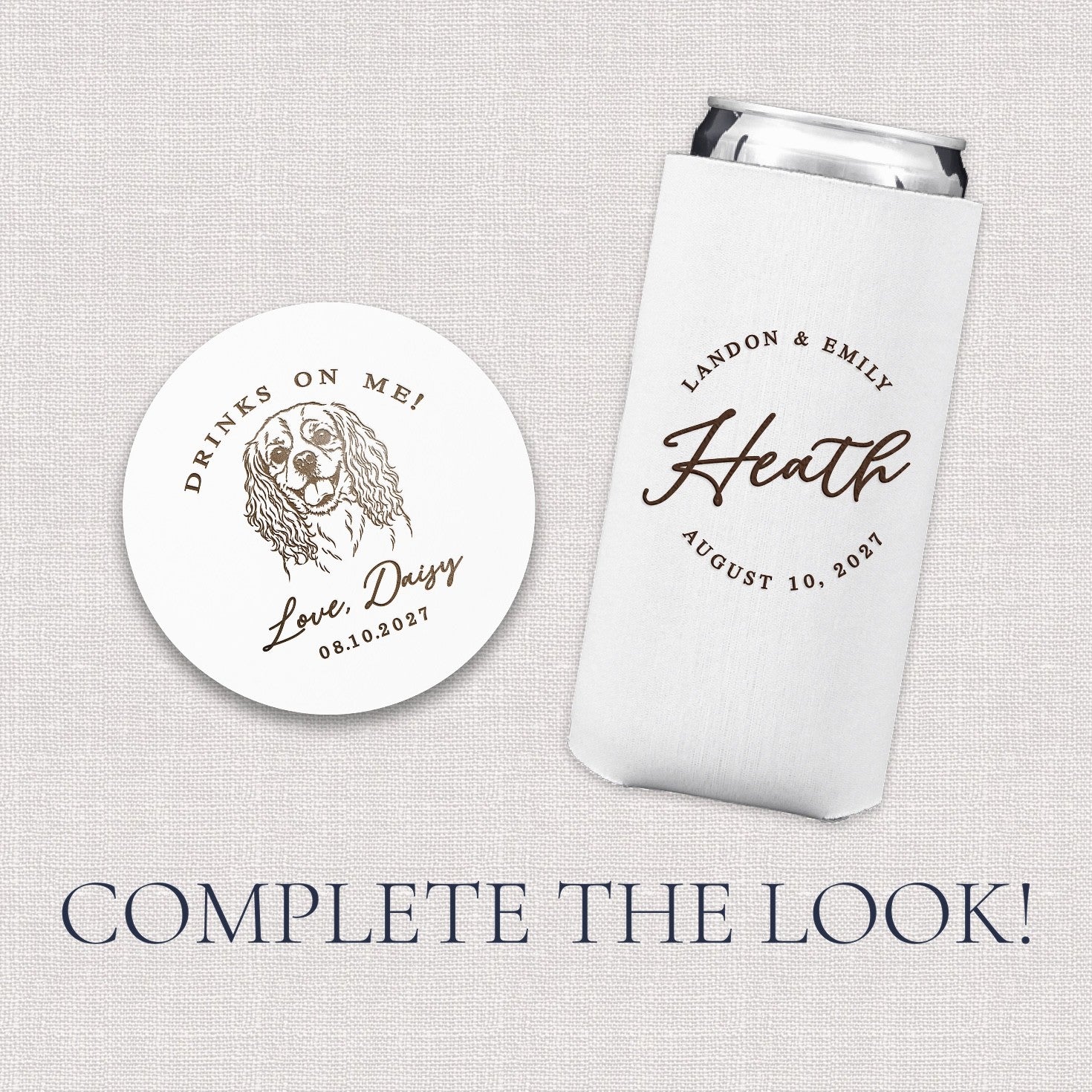 A round white paper coaster with a custom pet line drawing and a rectangular white fabric can koozie, both personalized items suitable for wedding or event favors.