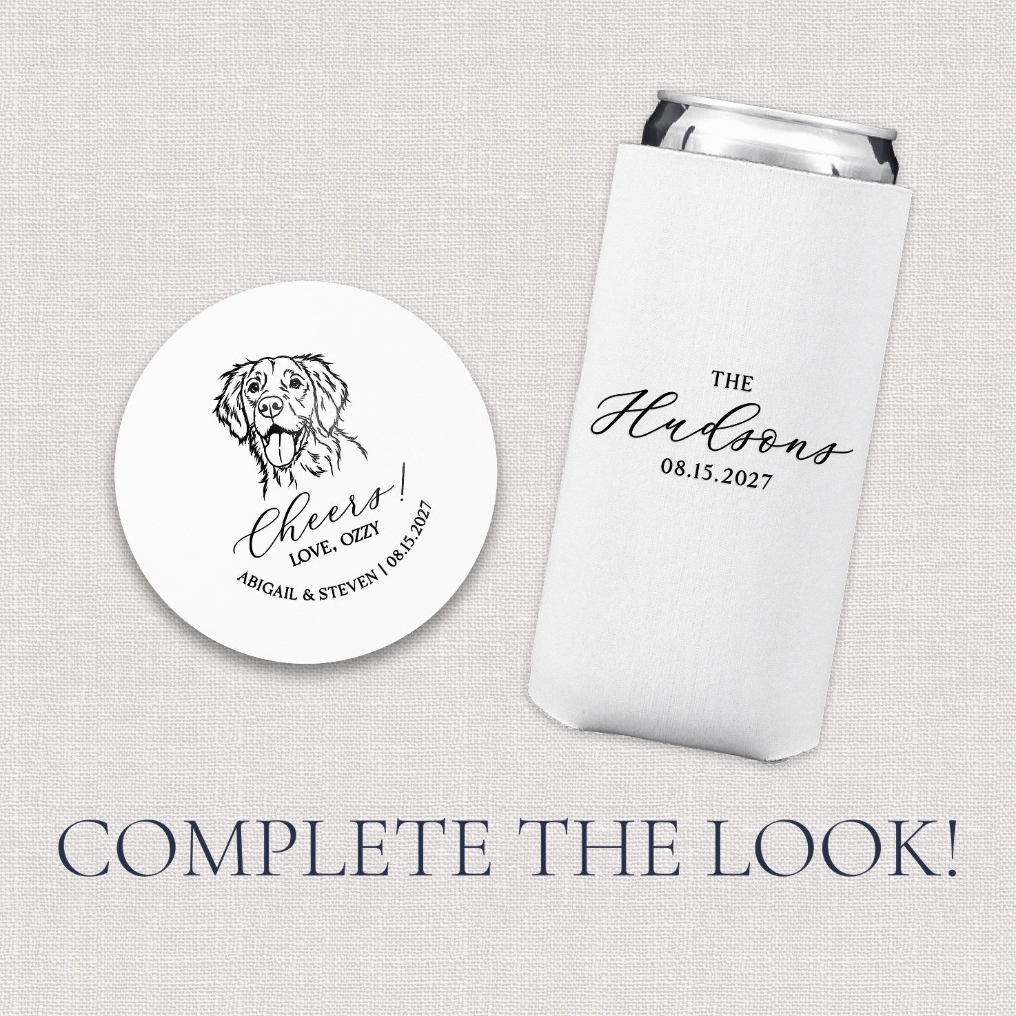 A white personalized wedding drinkware set featuring a round paper coaster with a custom pet illustration and a slim fabric can cooler.