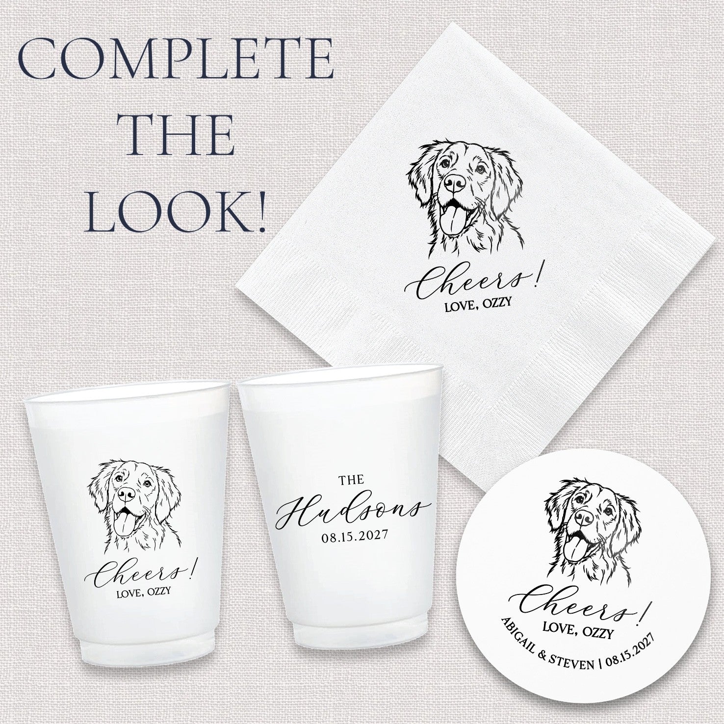A complementary set of white personalized wedding or event decor items, including paper napkins, frosted plastic cups, and a round paper coaster, each adorned with a black line art illustration of a dog and celebratory script.
