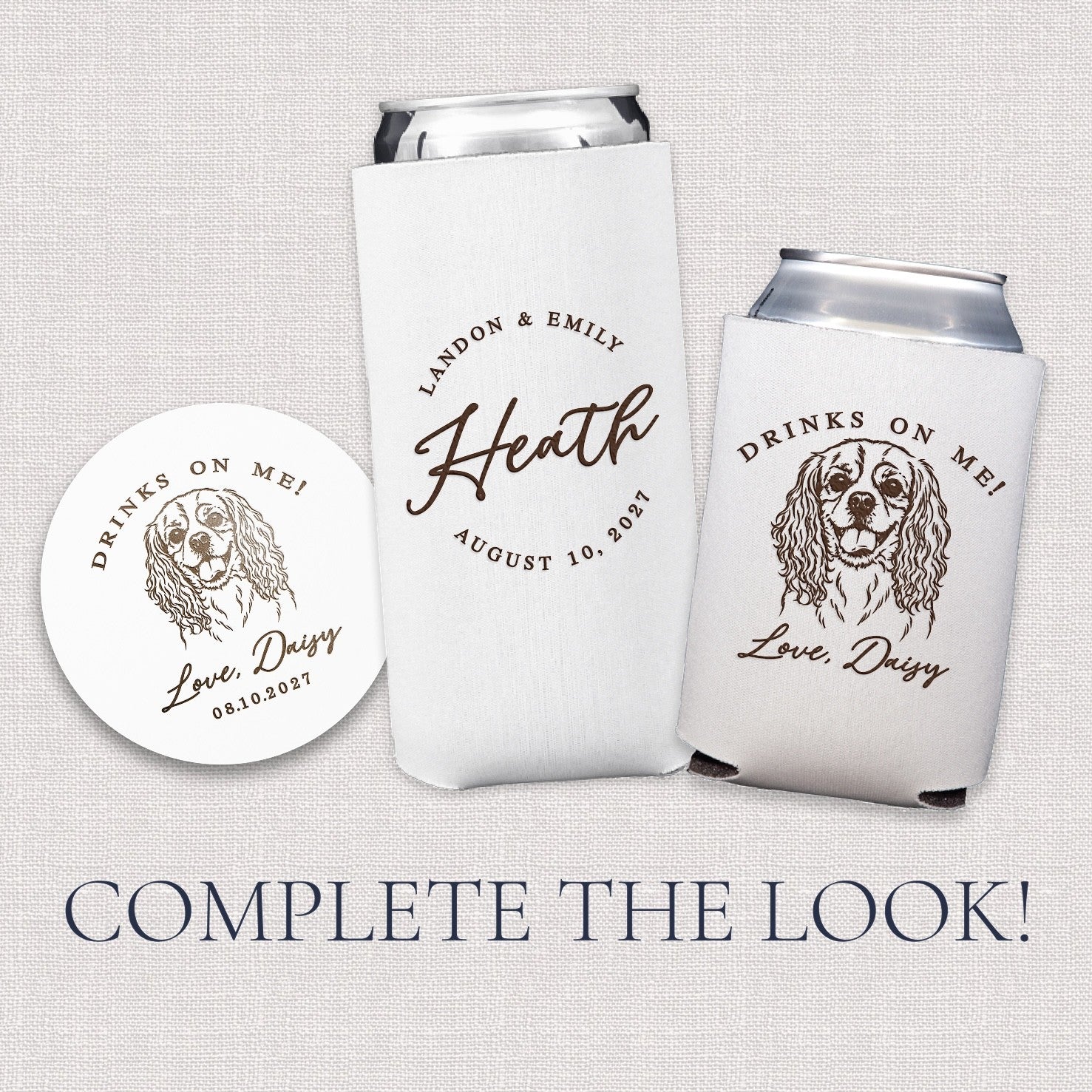 A set of white can coolers and a round coaster, each featuring a custom brown pet illustration, designed as personalized drinkware favors for a wedding or special event.
