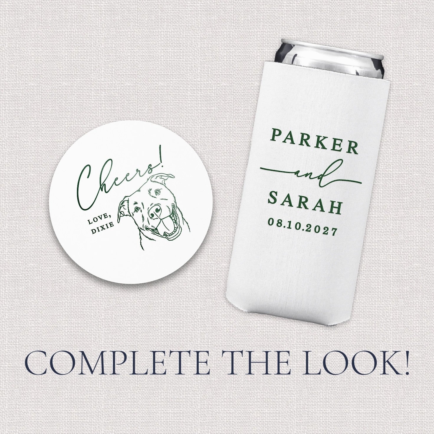 A white circular sticker with a green illustrated dog and a white can cooler with green personalized text are displayed, ideal for wedding or event favors.