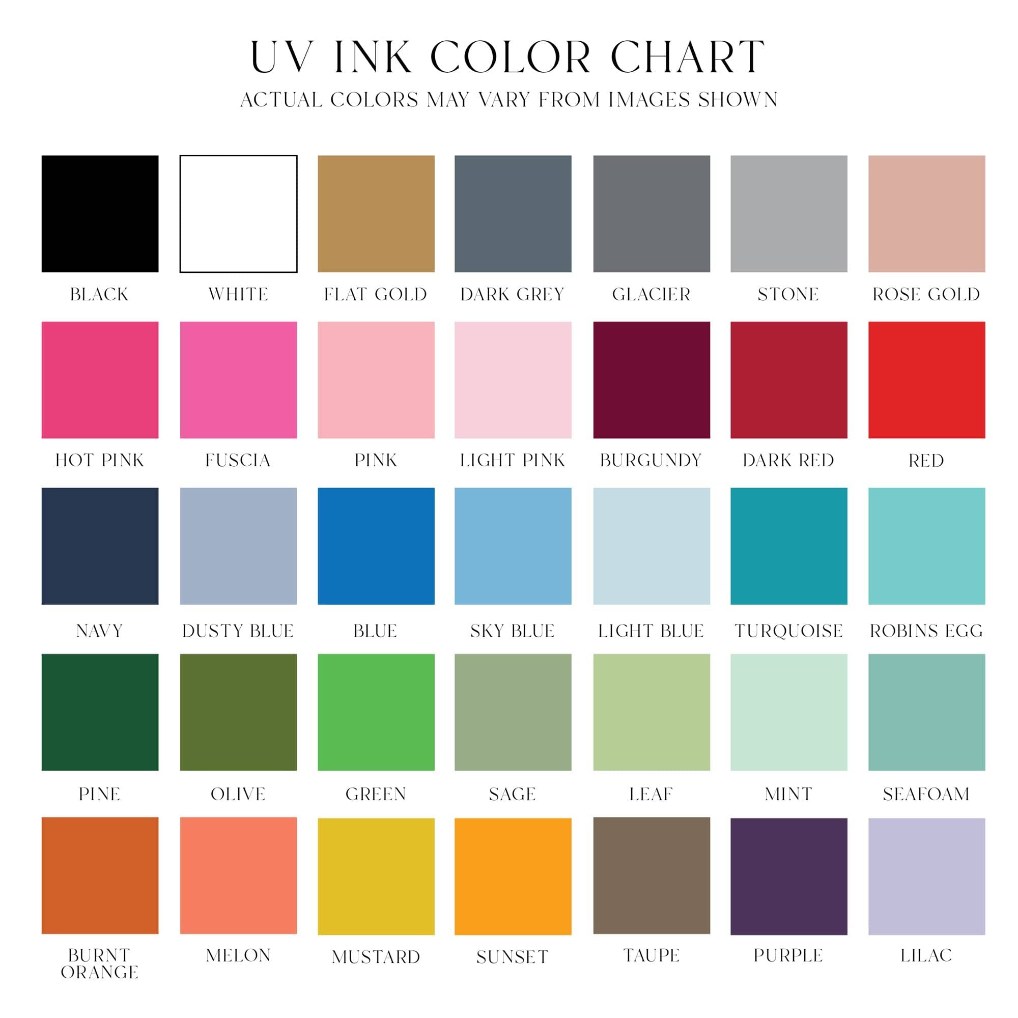 A grid displaying thirty square color swatches, showcasing a wide range of UV ink options from black, white, and various hues of pinks, reds, blues, greens, oranges, purples, and neutrals, for personalized wedding and event yard signs.