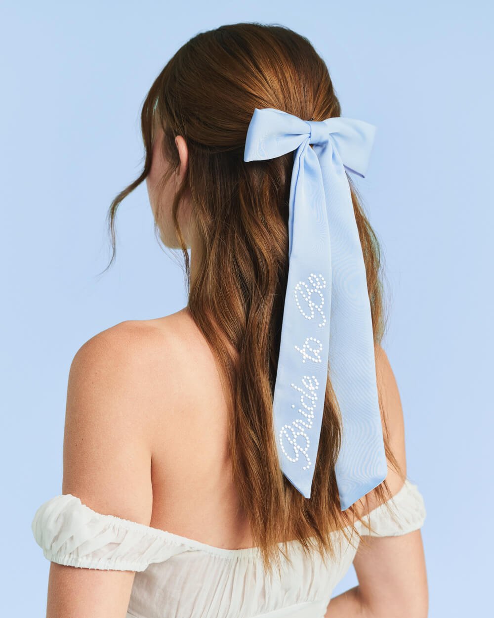 Bride To Be Pearl Bow light blue satin — detail view