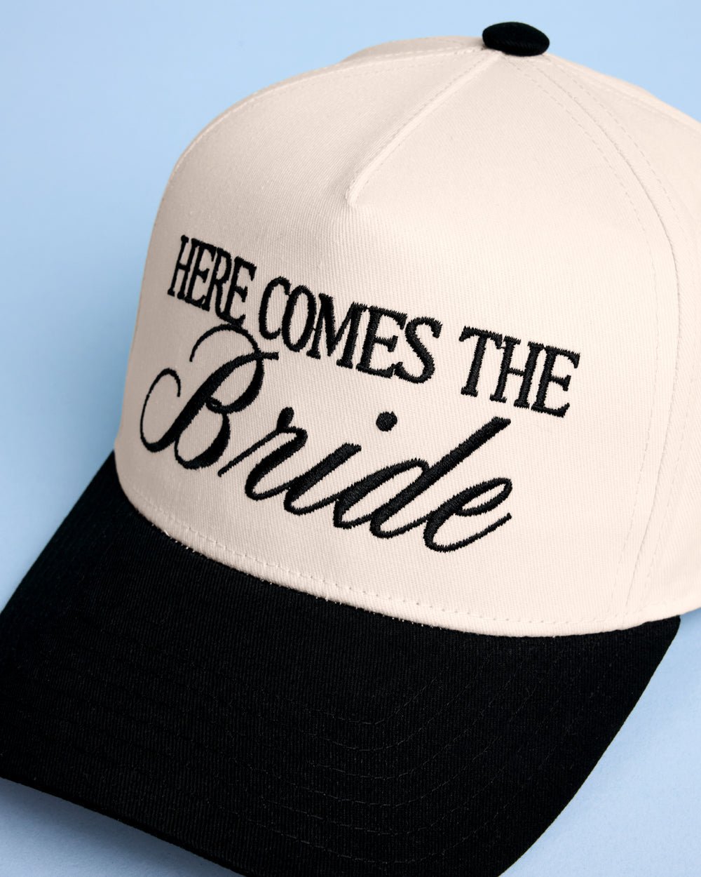 Here Comes the Bride Hat embroidered trucker hat — close-up