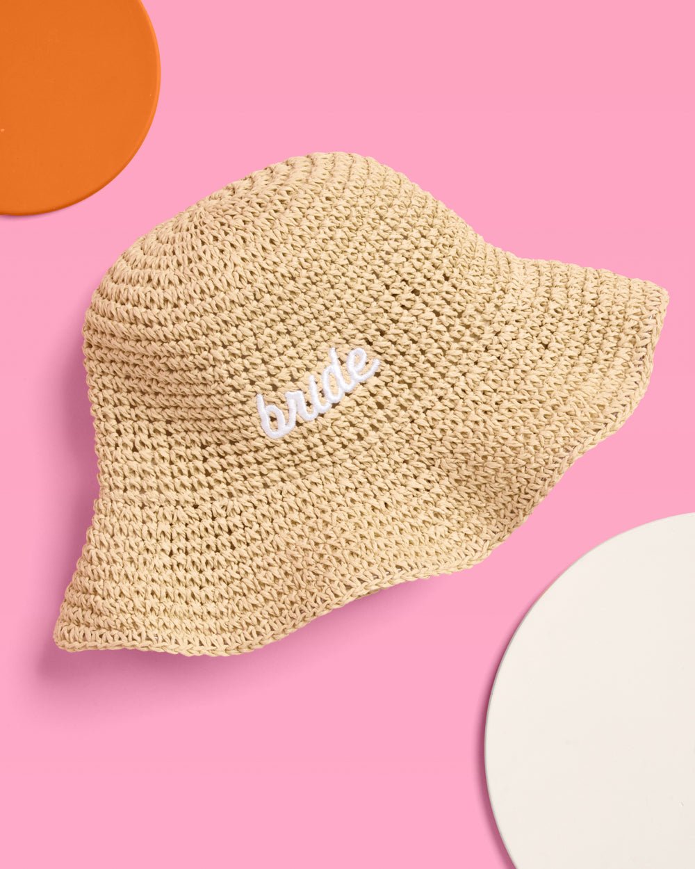 Embroidered Bride straw bucket hat — additional angle