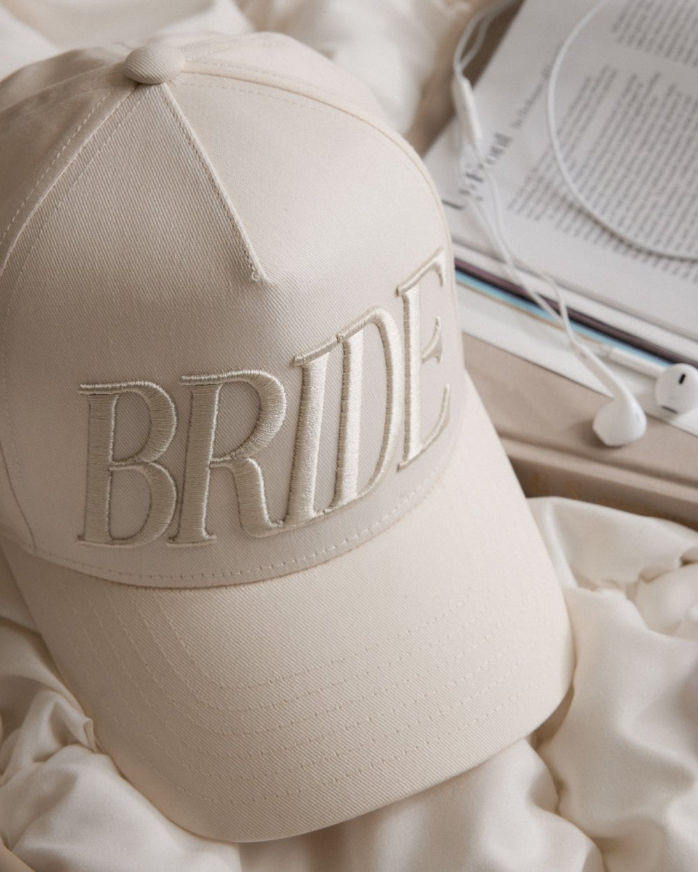 Neutral Bride Trucker Hat embroidered hat — close-up