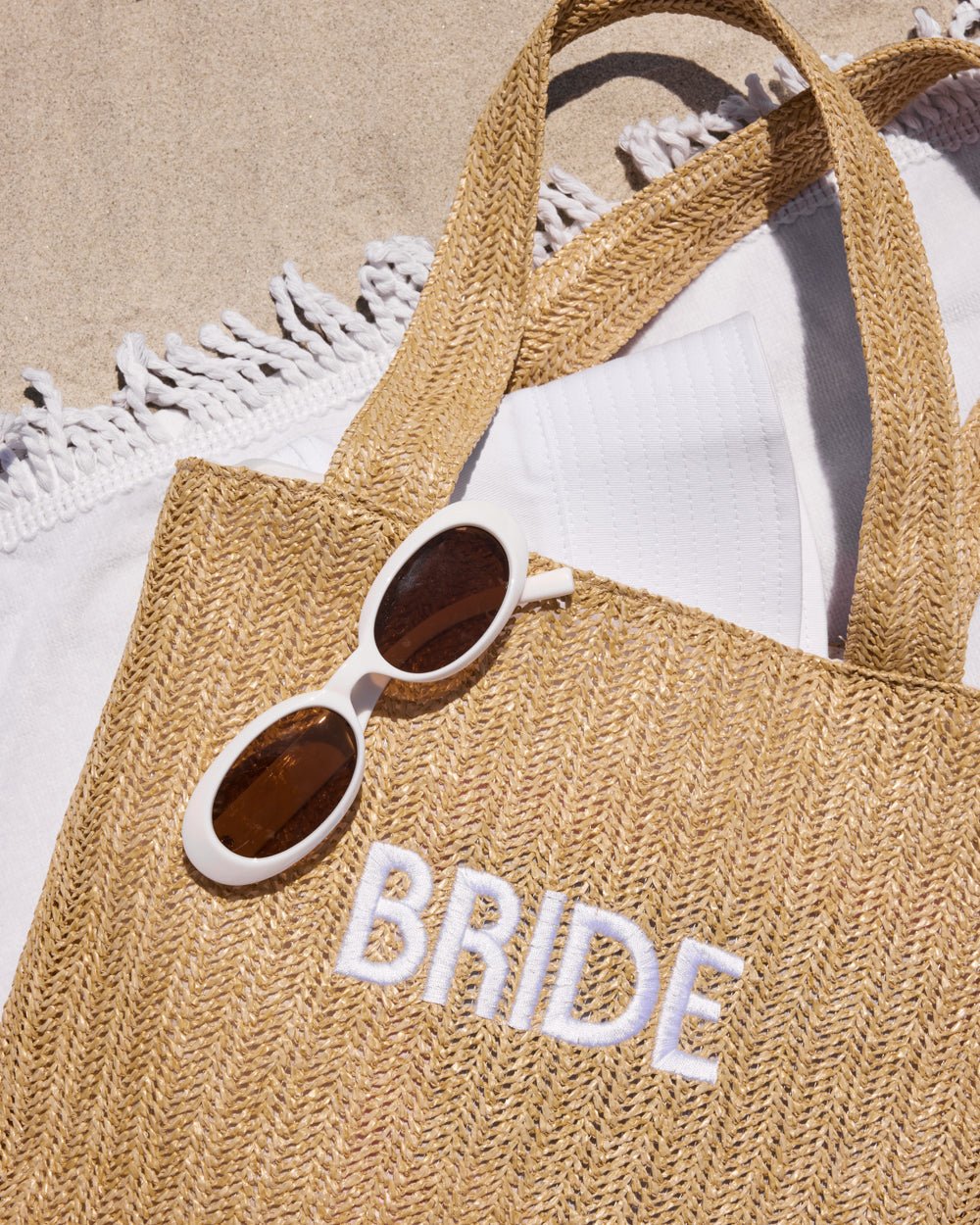 Bride Beach Tote embroidered straw tote — styled view