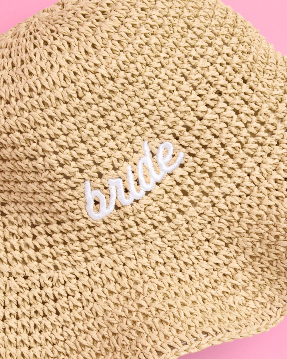 Embroidered Bride straw bucket hat — back view