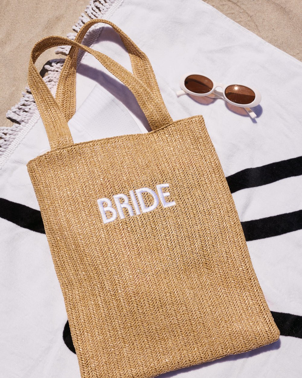 Bride Beach Tote embroidered straw tote — detail view