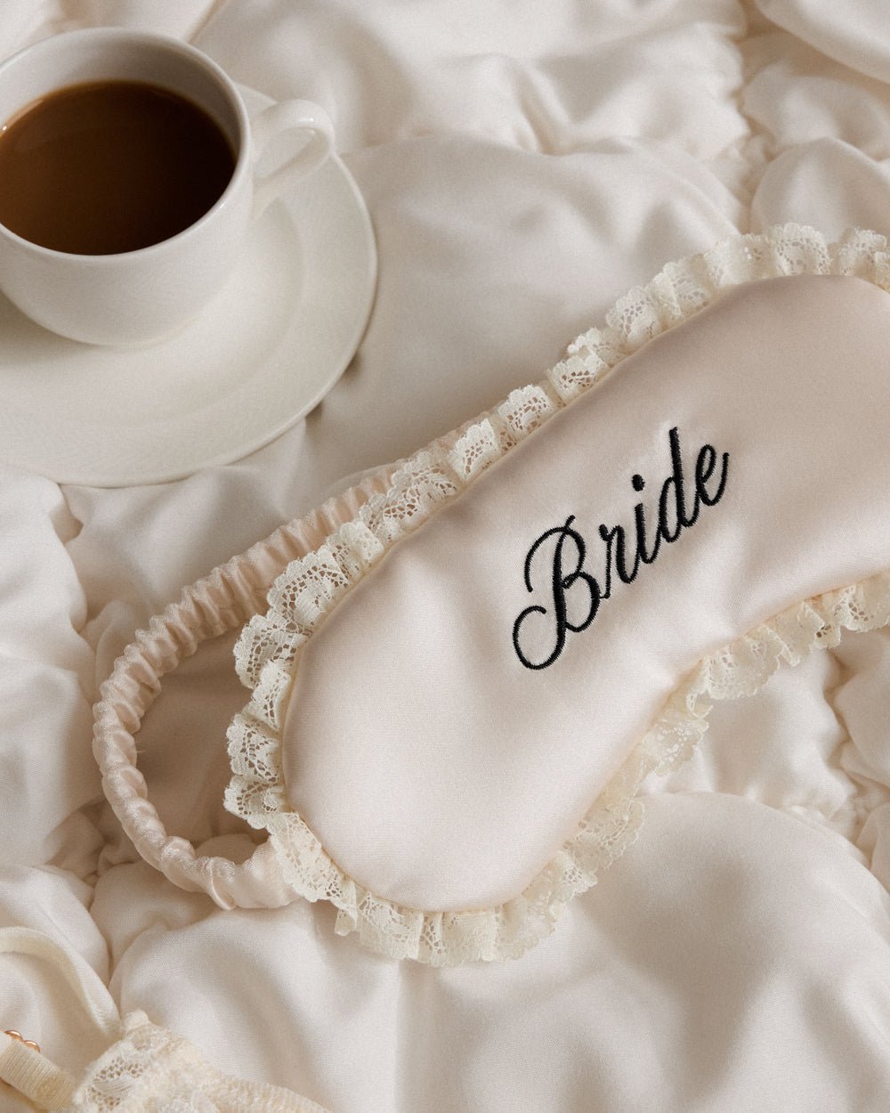 Embroidered satin Bride sleep mask — detail view