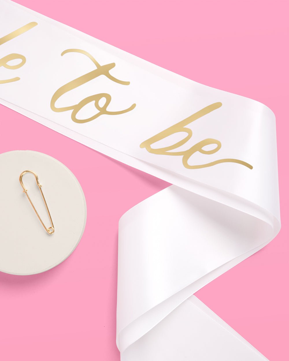 Classic white satin Bride sash — styled view