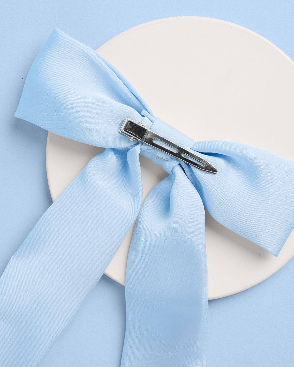 Bride To Be Pearl Bow light blue satin — styled view