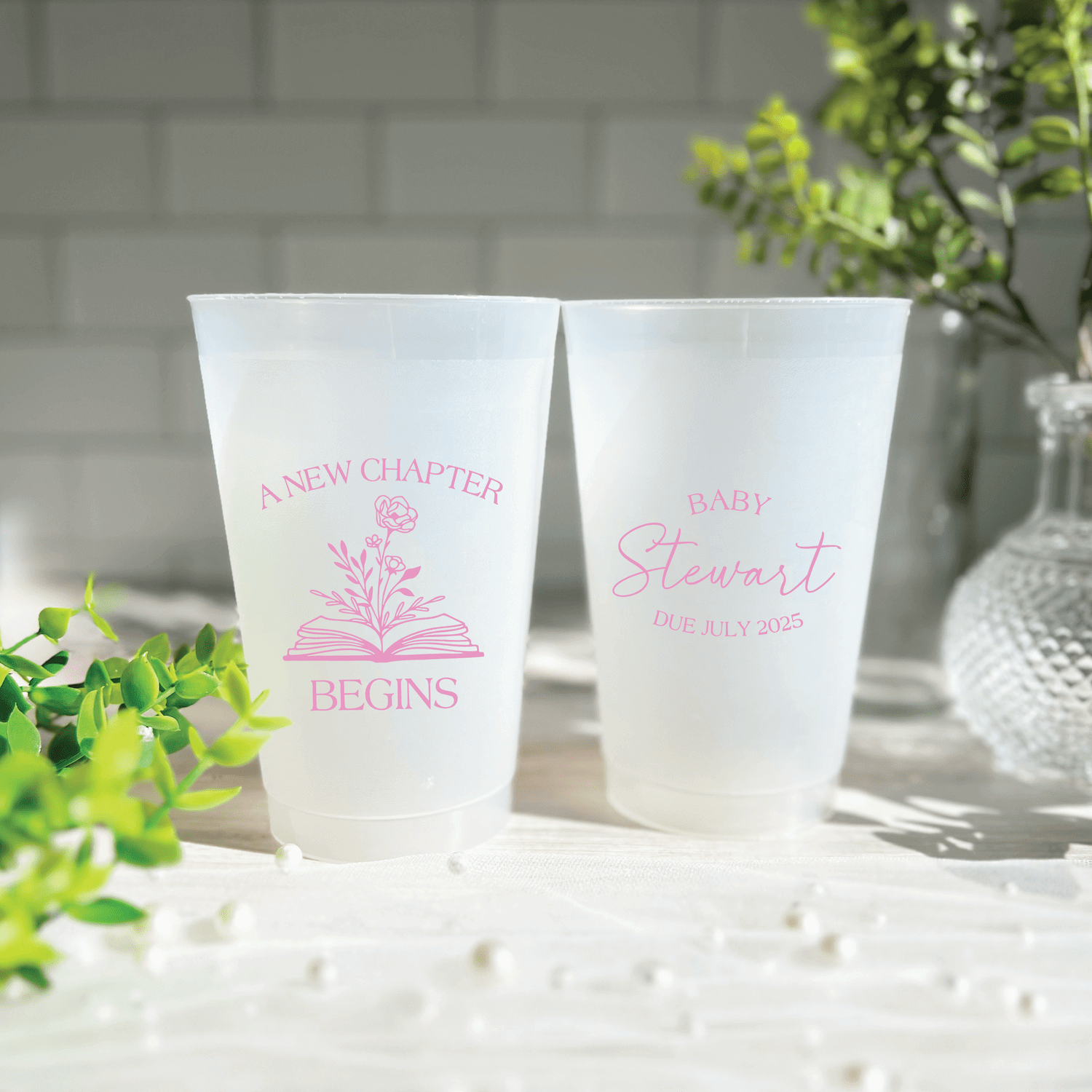 Reusable frosted baby shower cups with personalized storybook design. Durable and dishwasher safe.