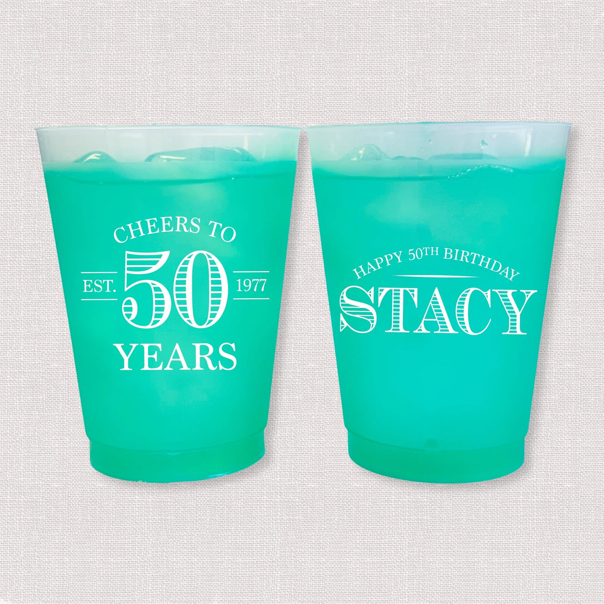 Teal color changing frosted birthday cups with vintage Cheers to 50 Years design and Happy 50th Birthday name