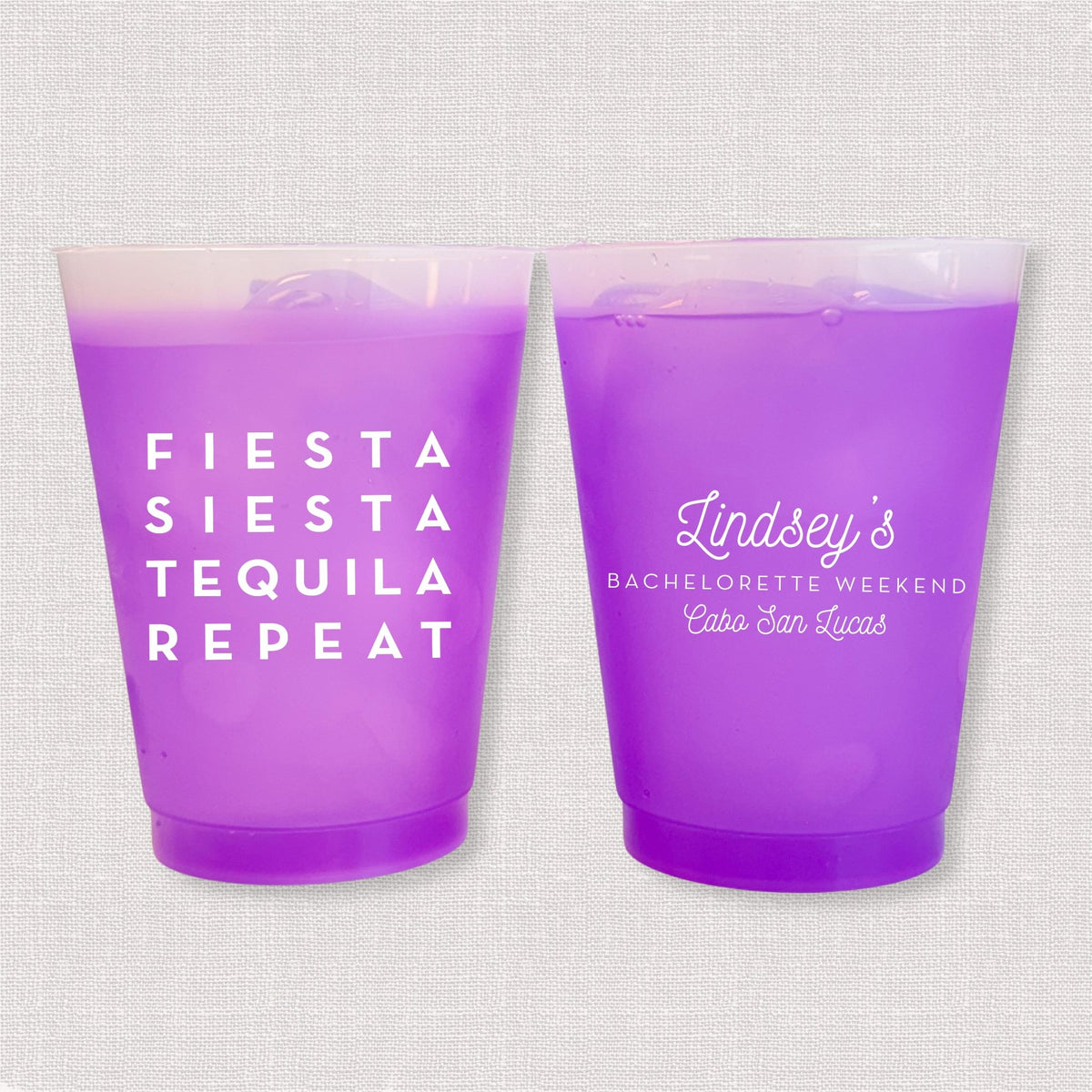 Purple color changing frosted bachelorette cups with Fiesta Siesta Tequila Repeat and Lindsey's bachelorette weekend