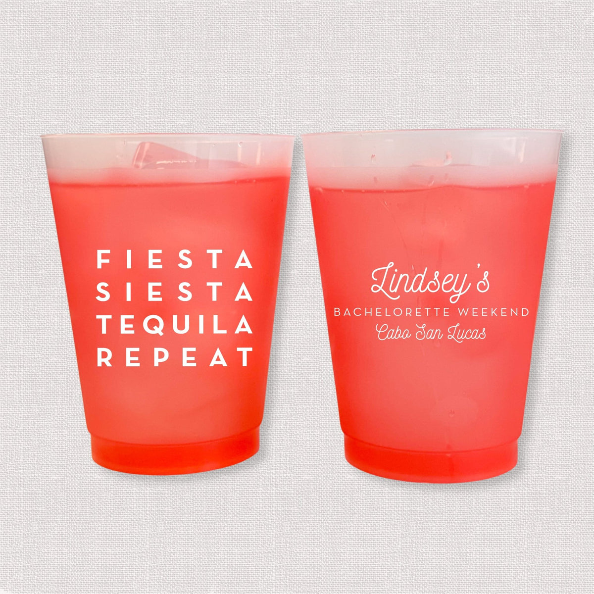 Red color changing frosted bachelorette cups with Fiesta Siesta Tequila Repeat and Lindsey's bachelorette weekend