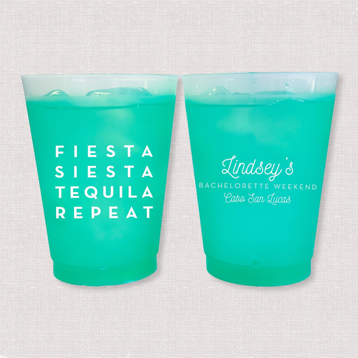Teal color changing frosted bachelorette cups with Fiesta Siesta Tequila Repeat and Lindsey's bachelorette weekend