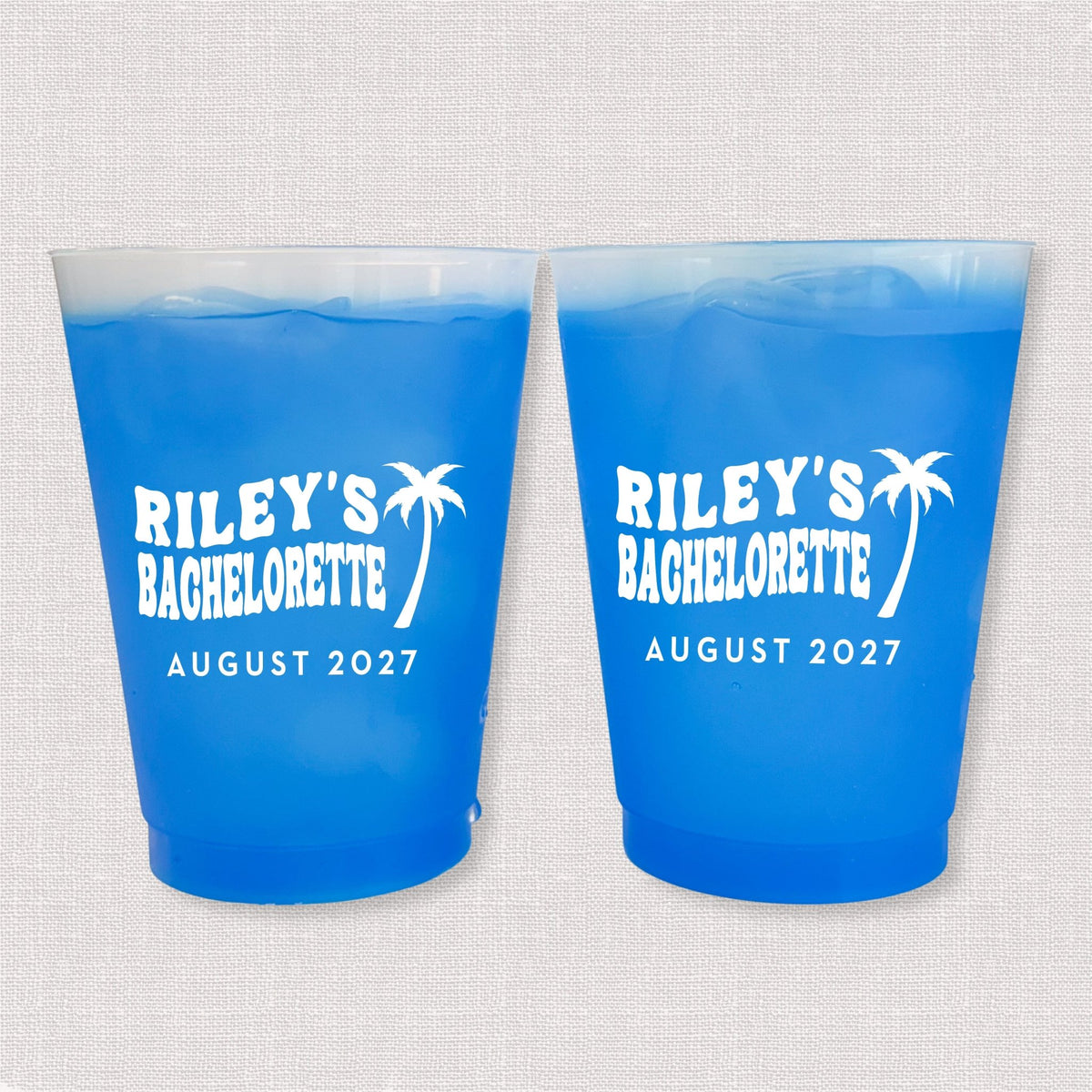 Blue color changing frosted bachelorette cups with palm tree and Riley's Bachelorette August 2027
