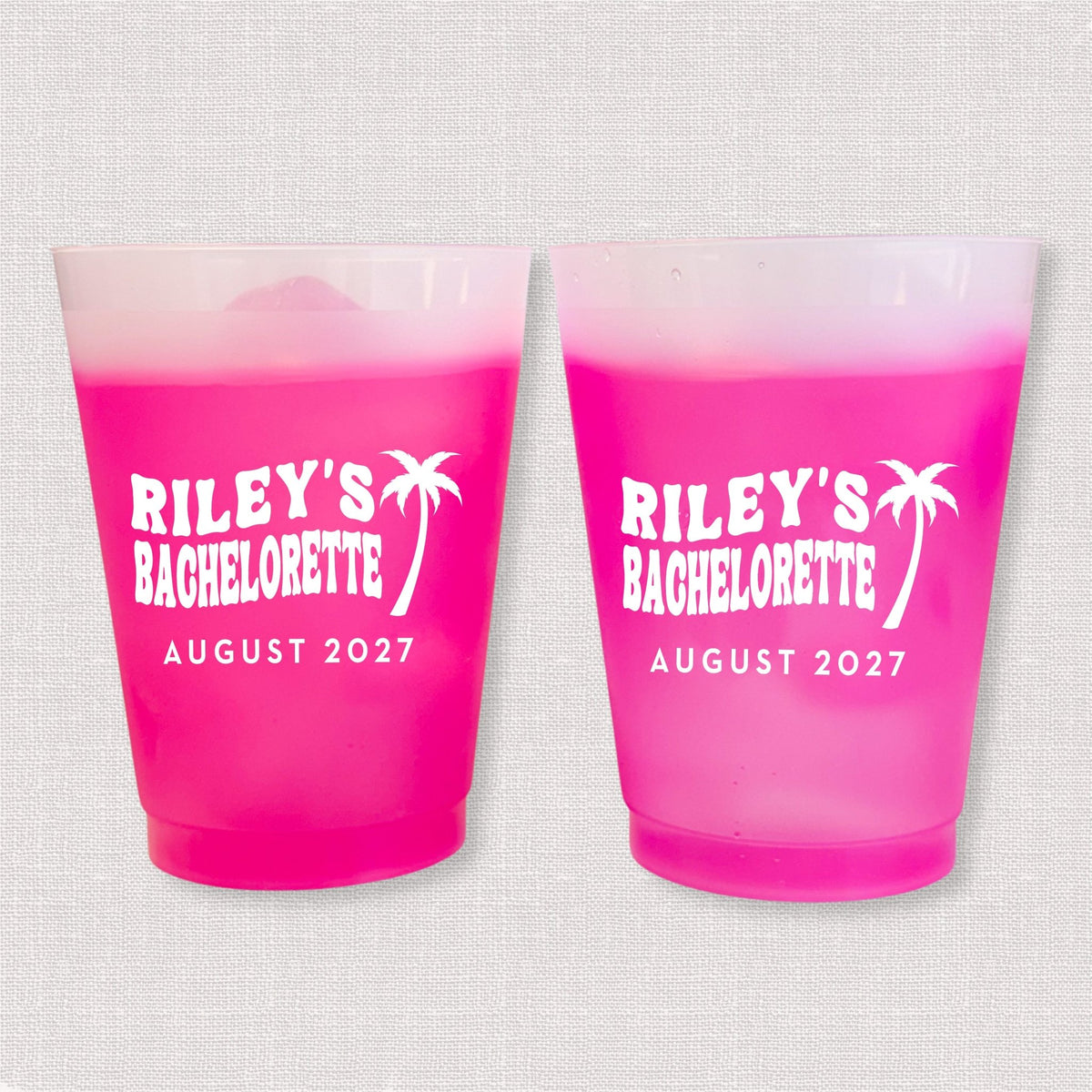 Magenta color changing frosted bachelorette cups with palm tree and Riley's Bachelorette August 2027