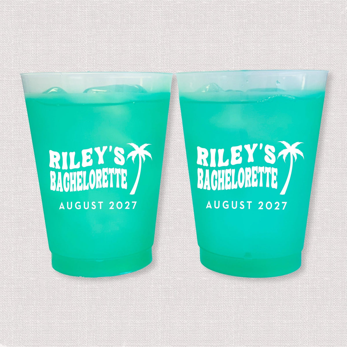 Teal color changing frosted bachelorette cups with palm tree and Riley's Bachelorette August 2027