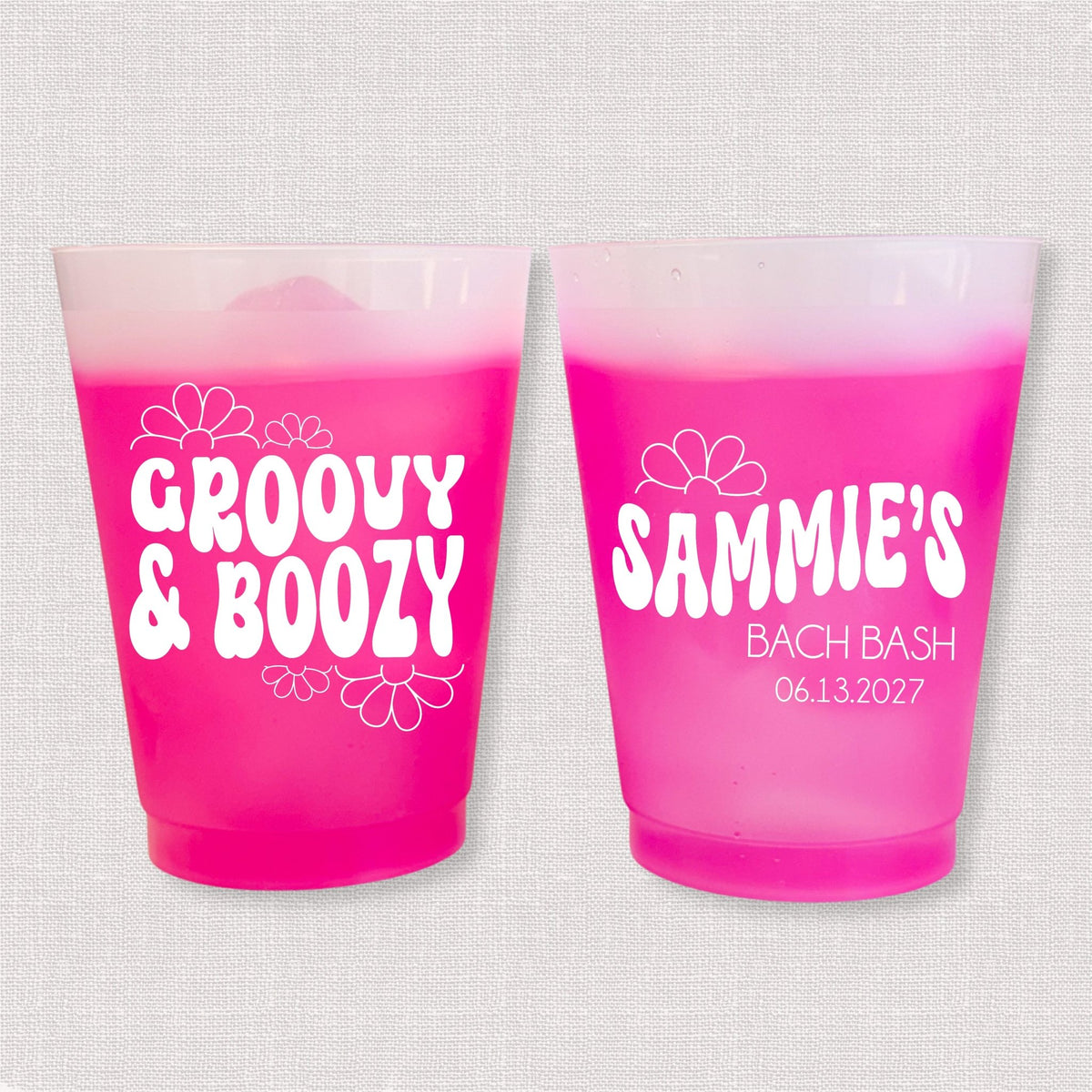 Magenta color changing frosted bachelorette cups with Groovy & Boozy retro design and Sammie's Bach Bash