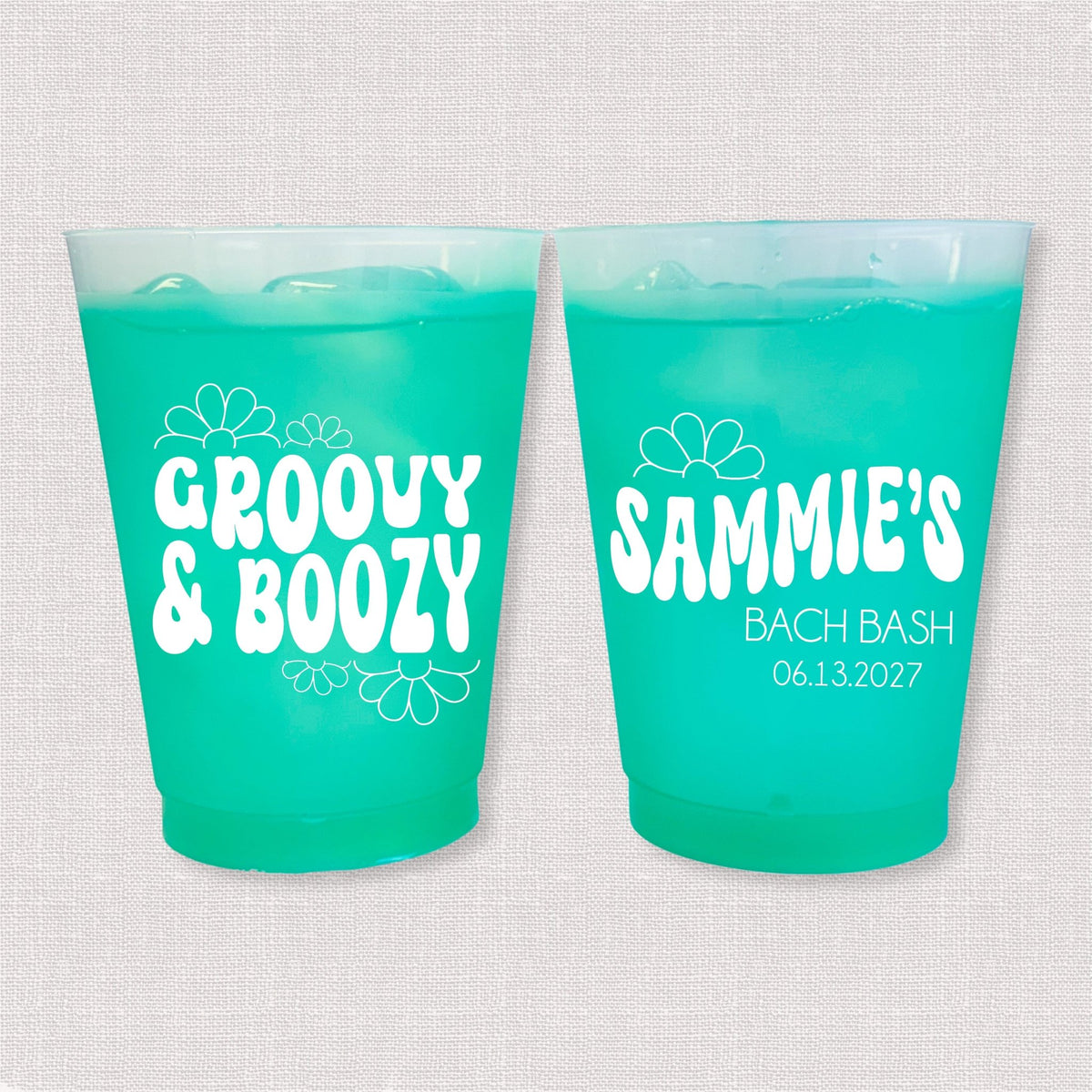 Teal color changing frosted bachelorette cups with Groovy & Boozy retro design and Sammie's Bach Bash