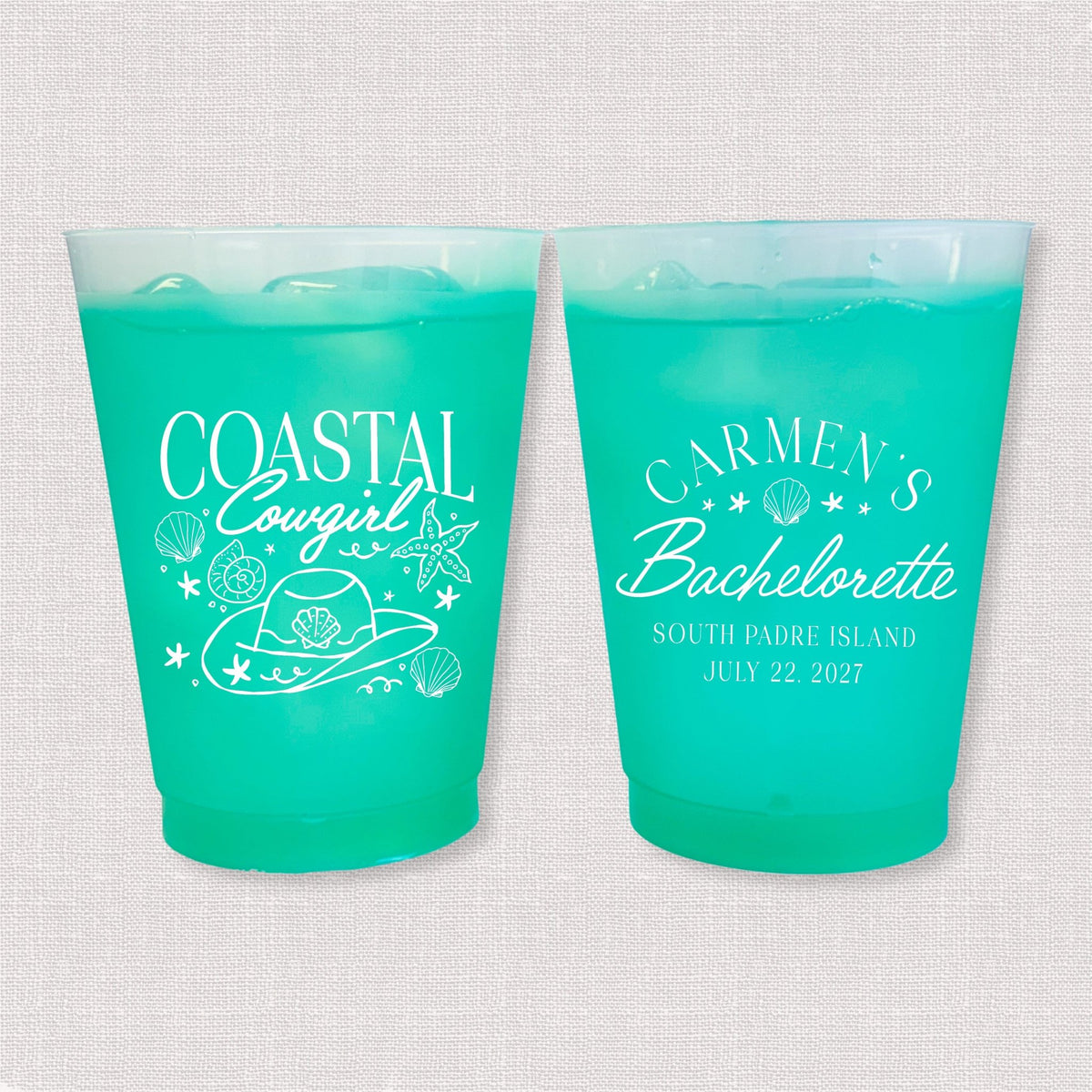 Teal color changing frosted bachelorette cups with Coastal Cowgirl hat and seashells and Carmen's Bachelorette