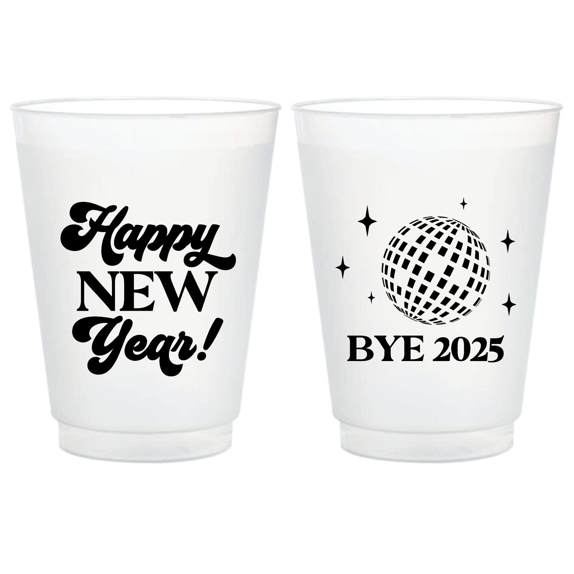 A pair of frosted plastic cups featuring a festive New Year's greeting and a disco ball design, perfect for event celebrations.