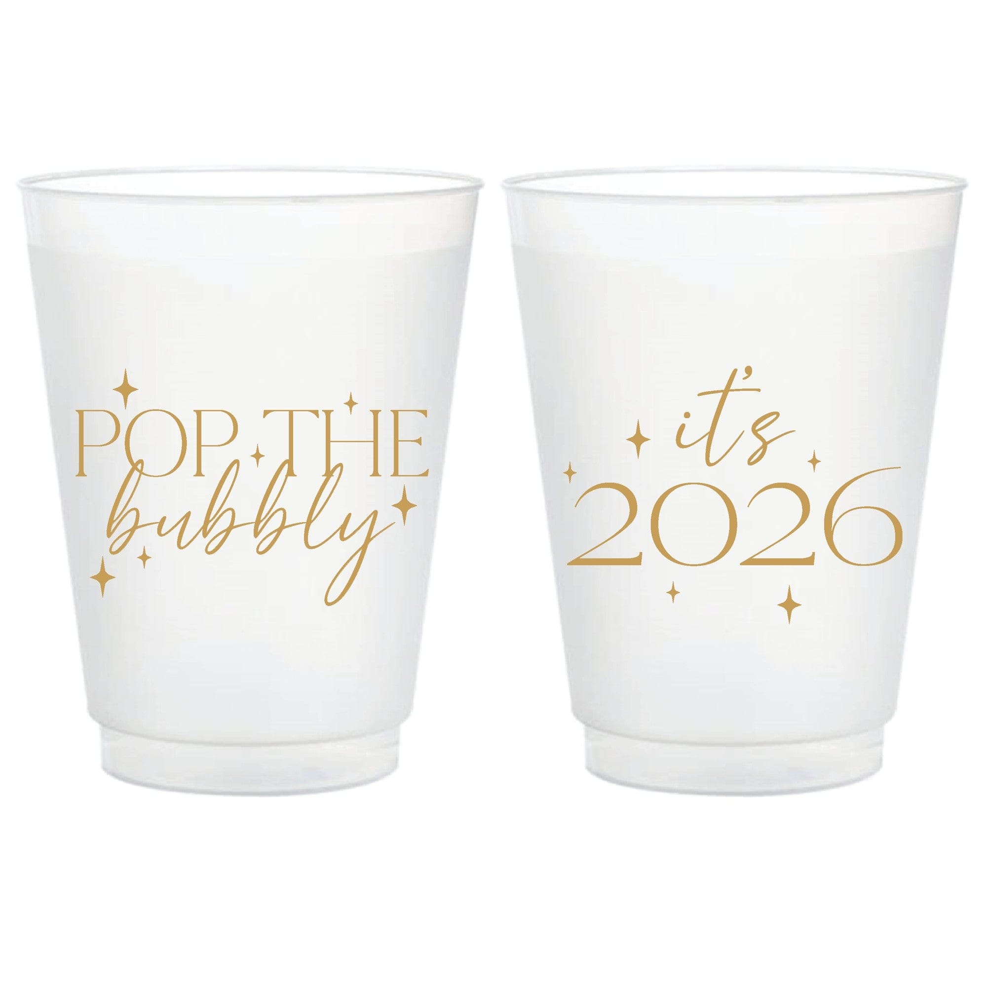 A set of personalized frosted translucent plastic party cups featuring metallic gold celebratory designs for a New Year's Eve event.