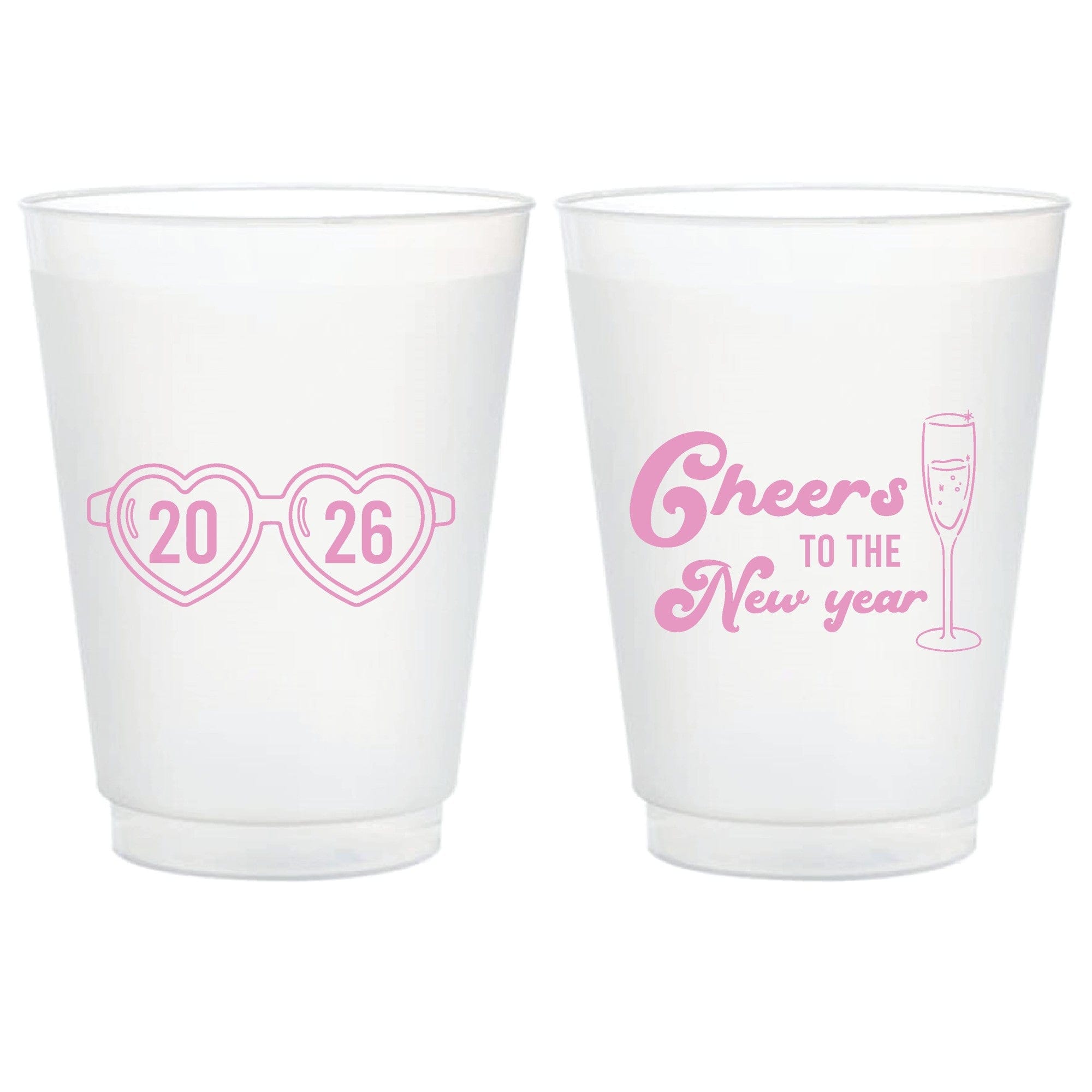 Two frosted plastic party cups, one featuring a pink heart-shaped glasses graphic and the other a pink 'Cheers to the New Year' design with a champagne flute, perfect for a New Year's celebration.