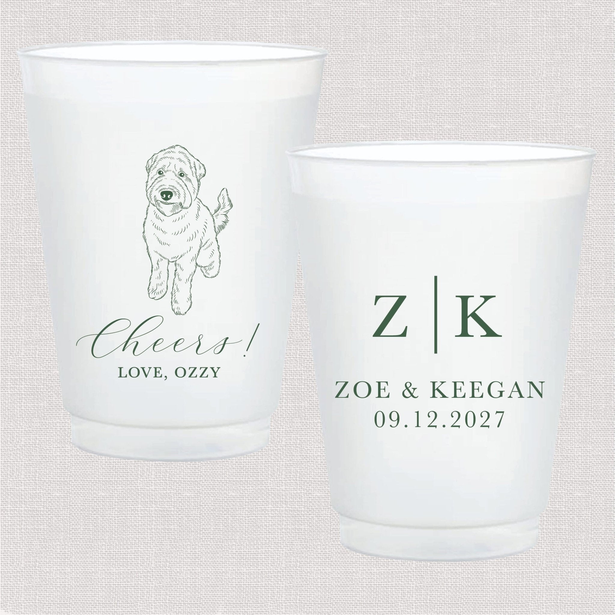Pair of frosted cups with custom dog illustration and initials "Z|K" with names Zoe and Keegan and date 09.12.2027