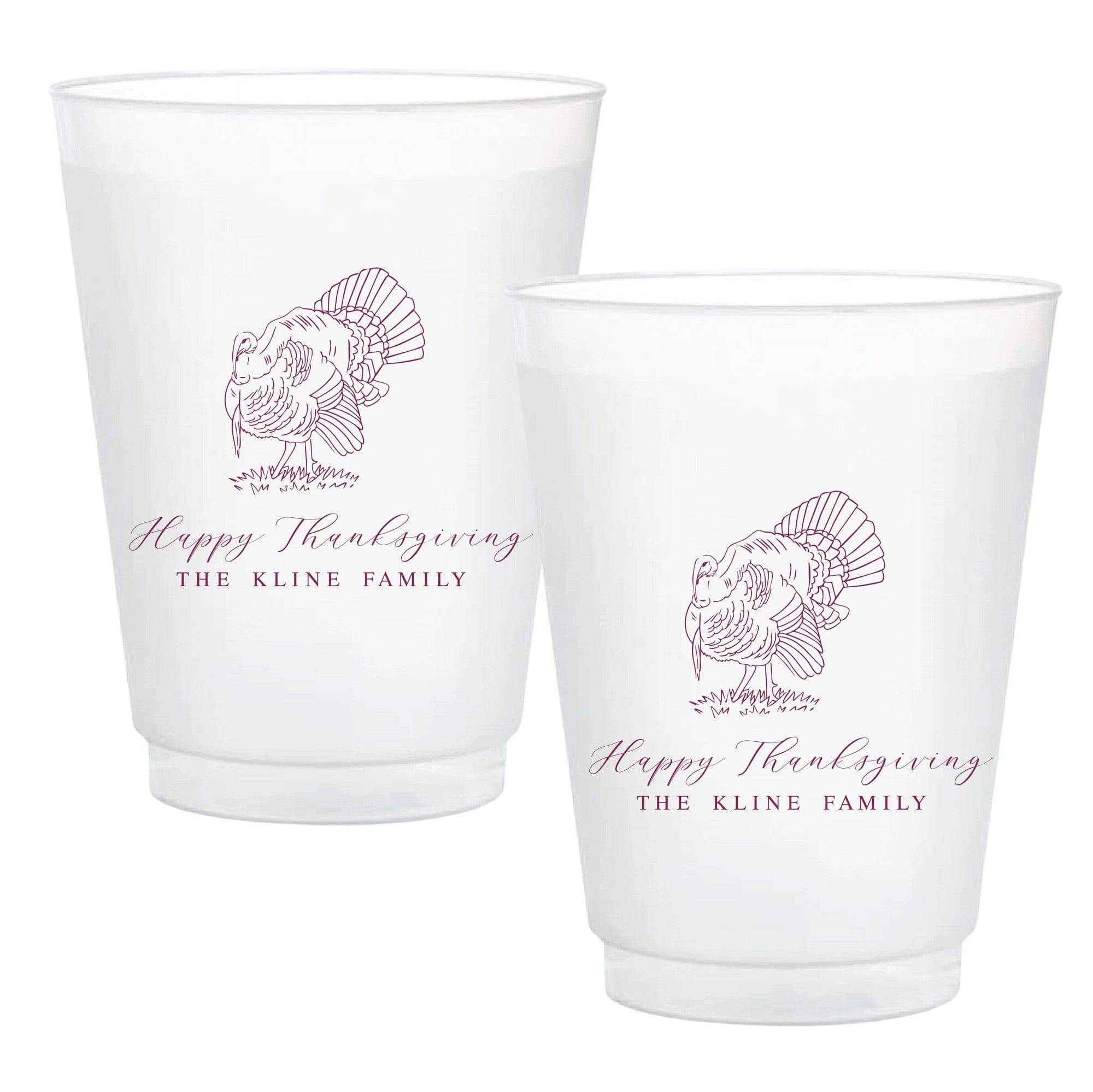 Two translucent white plastic party cups featuring a personalized dark red turkey illustration and elegant text, perfect for a Thanksgiving celebration.