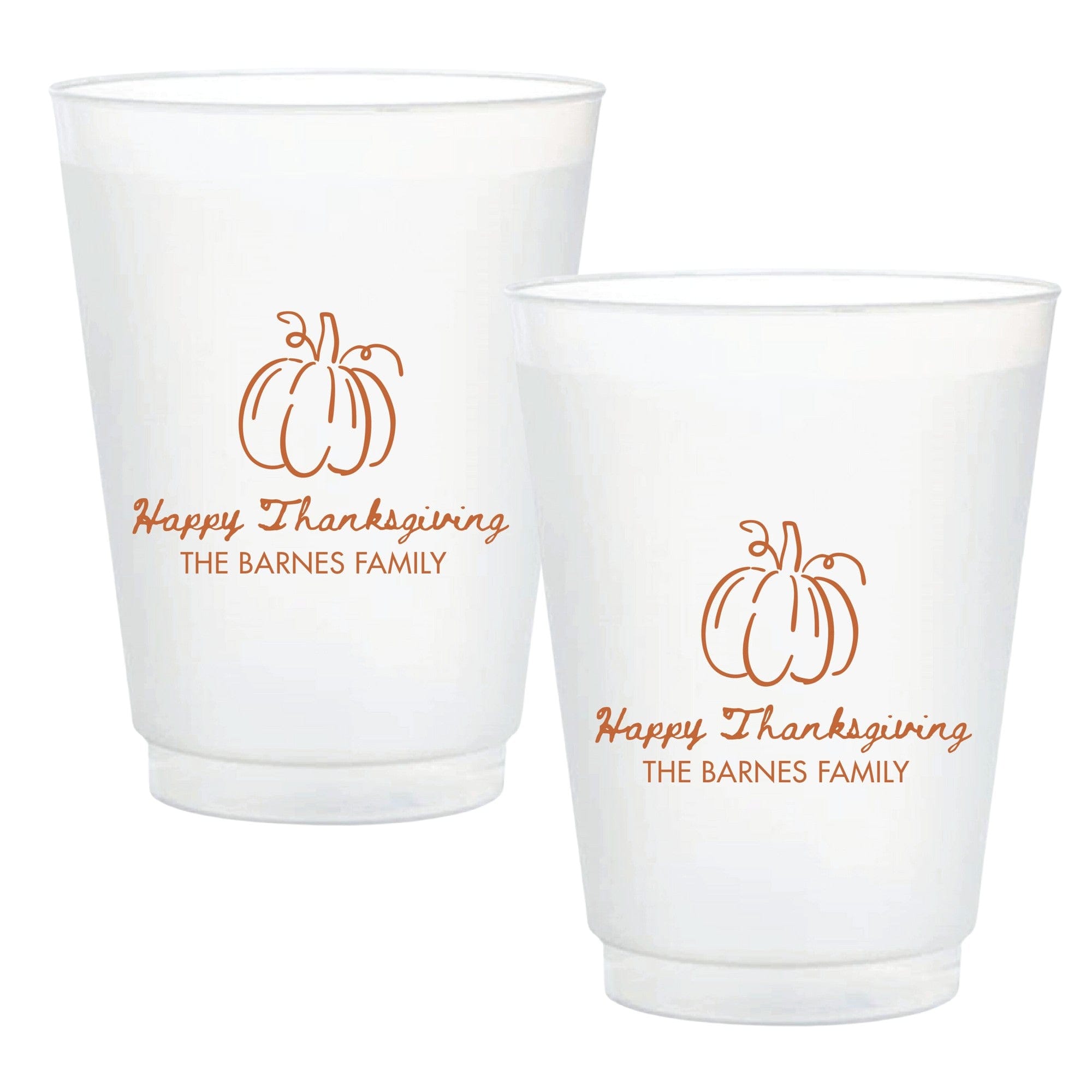 Two frosted plastic party cups, each featuring an orange pumpkin outline and festive fall script, suitable for a Thanksgiving gathering.
