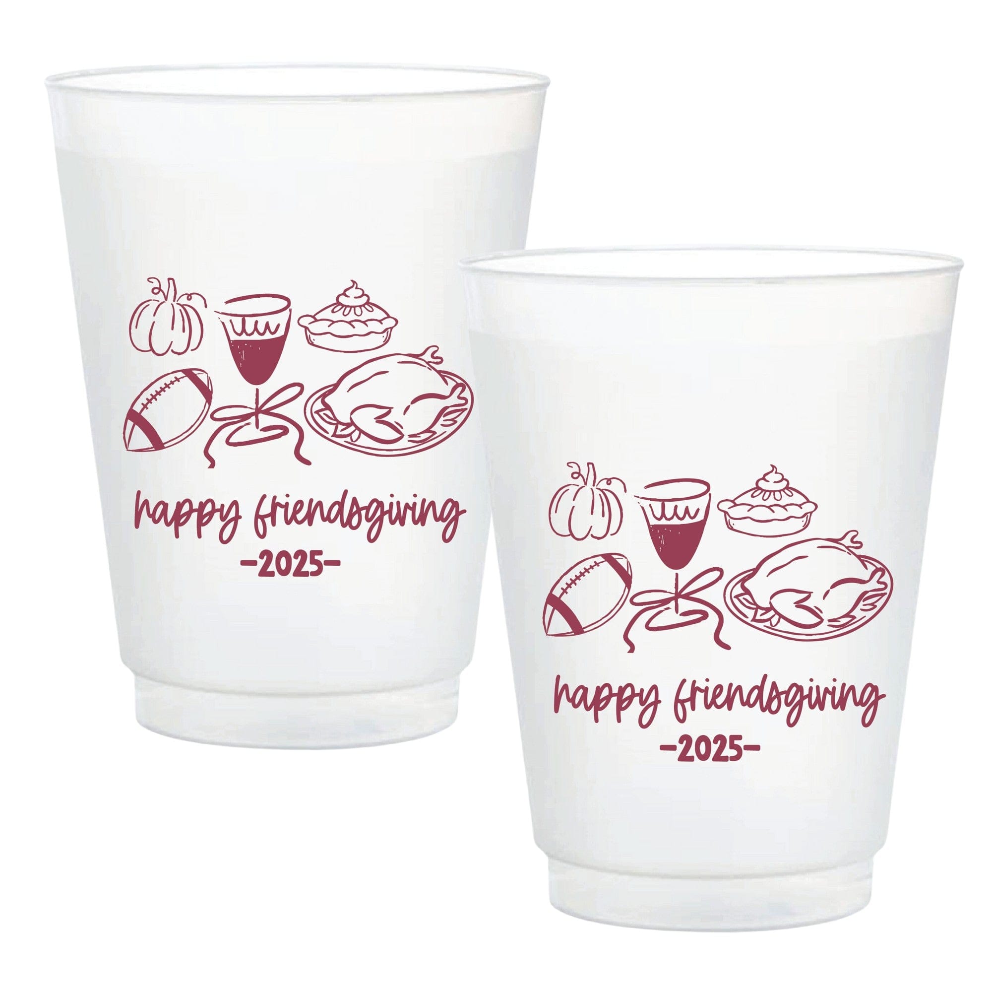 Frosted plastic cups featuring a festive maroon outline design of fall and holiday elements like a pumpkin, wine glass, pie, roasted turkey, and football, perfect for a Friendsgiving celebration or autumn gathering.