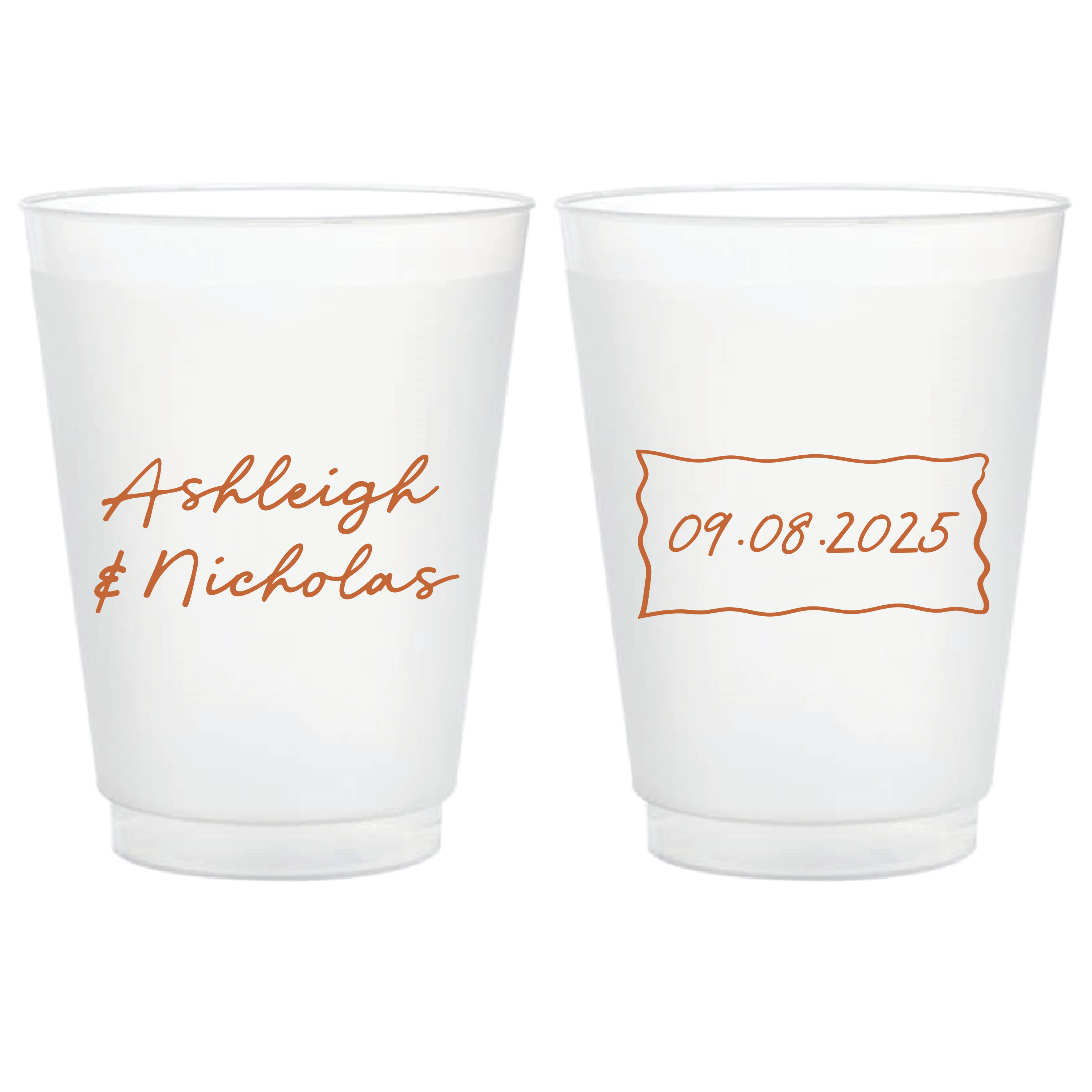 Frosted shatterproof wedding cups with copper script names "Ashleigh & Nicholus" on one side and date "09.08.2025" in decorative banner on reverse.