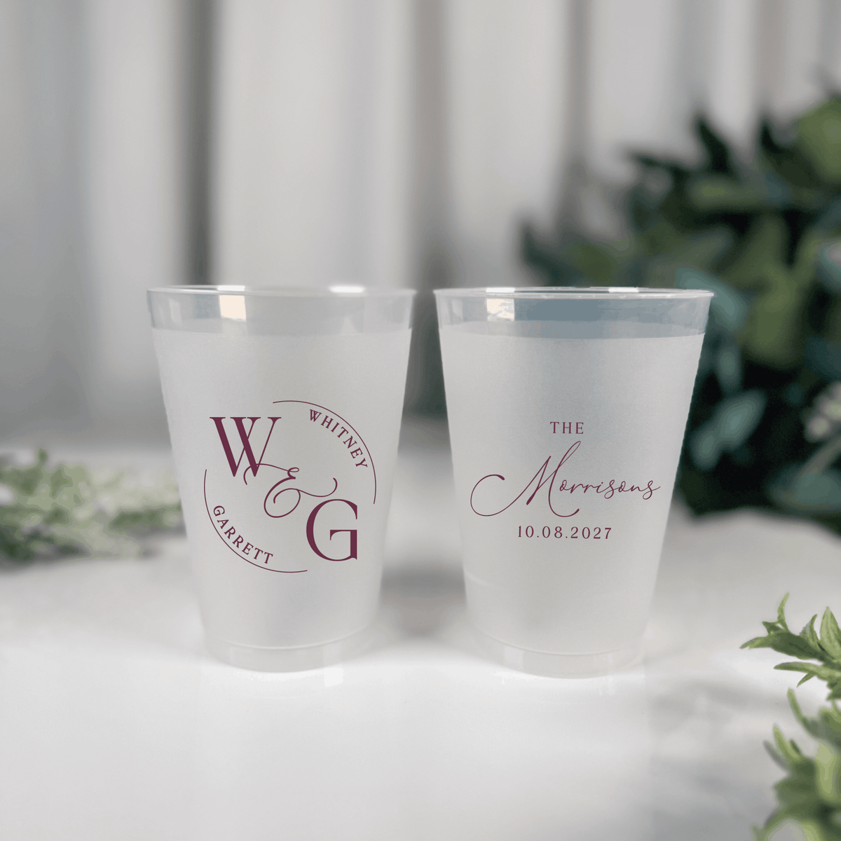 Burgundy ink frosted shatterproof wedding cups with W & G circle monogram and The Morrisons script with wedding date