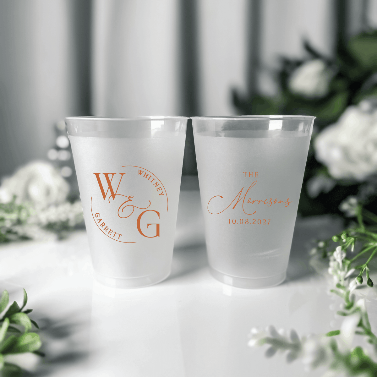 Copper ink frosted shatterproof wedding cups with W & G circle monogram and The Morrisons script with wedding date