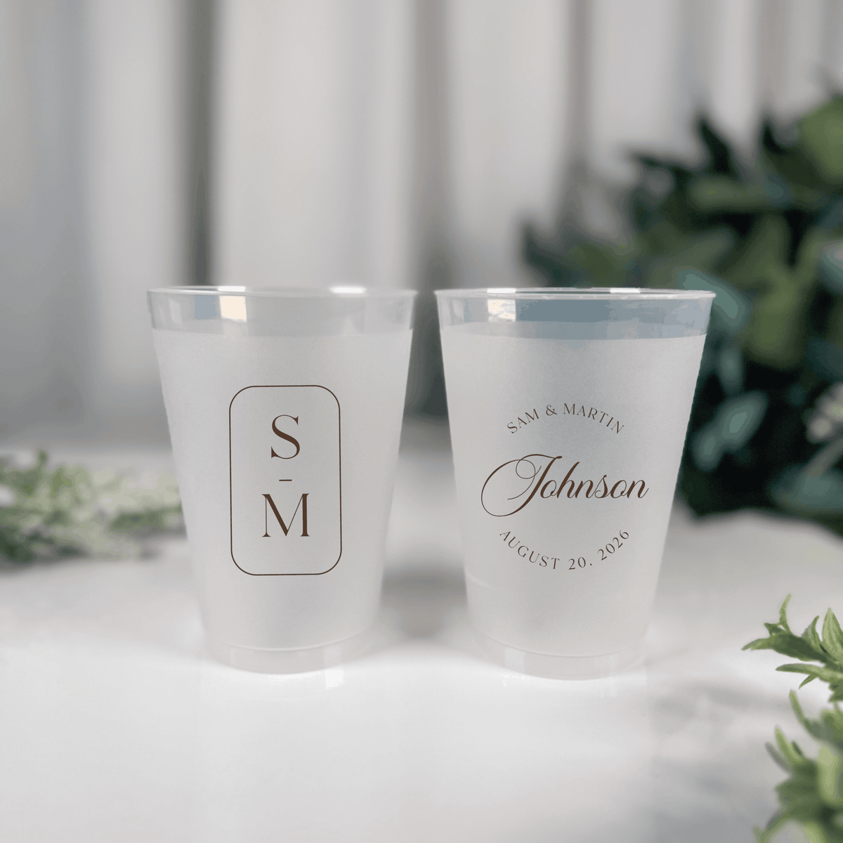 Charcoal ink frosted shatterproof wedding cups with S M framed monogram and Sam & Martin Johnson wedding date