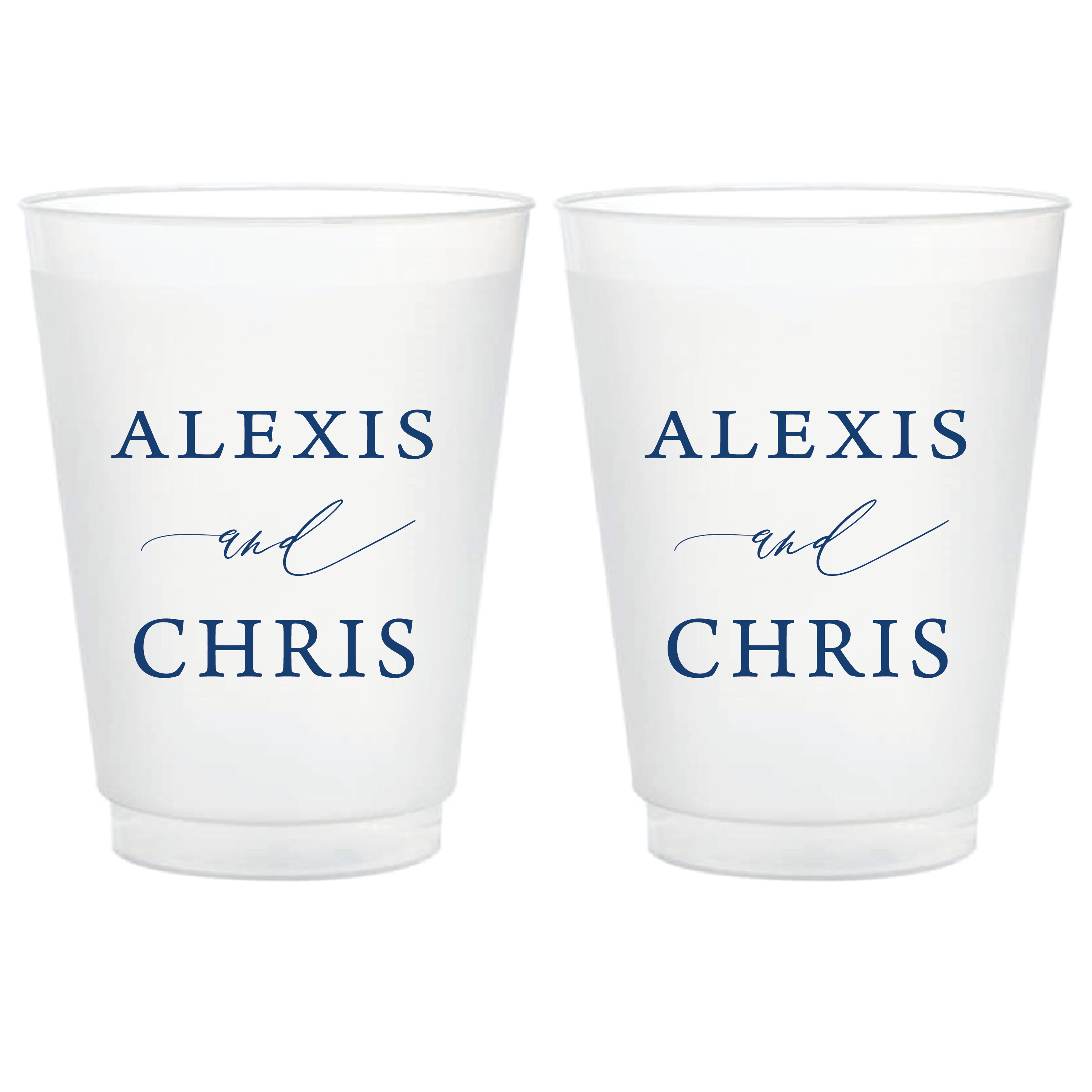 Pair of frosted cups personalized with "ALEXIS and CHRIS" in blue script lettering