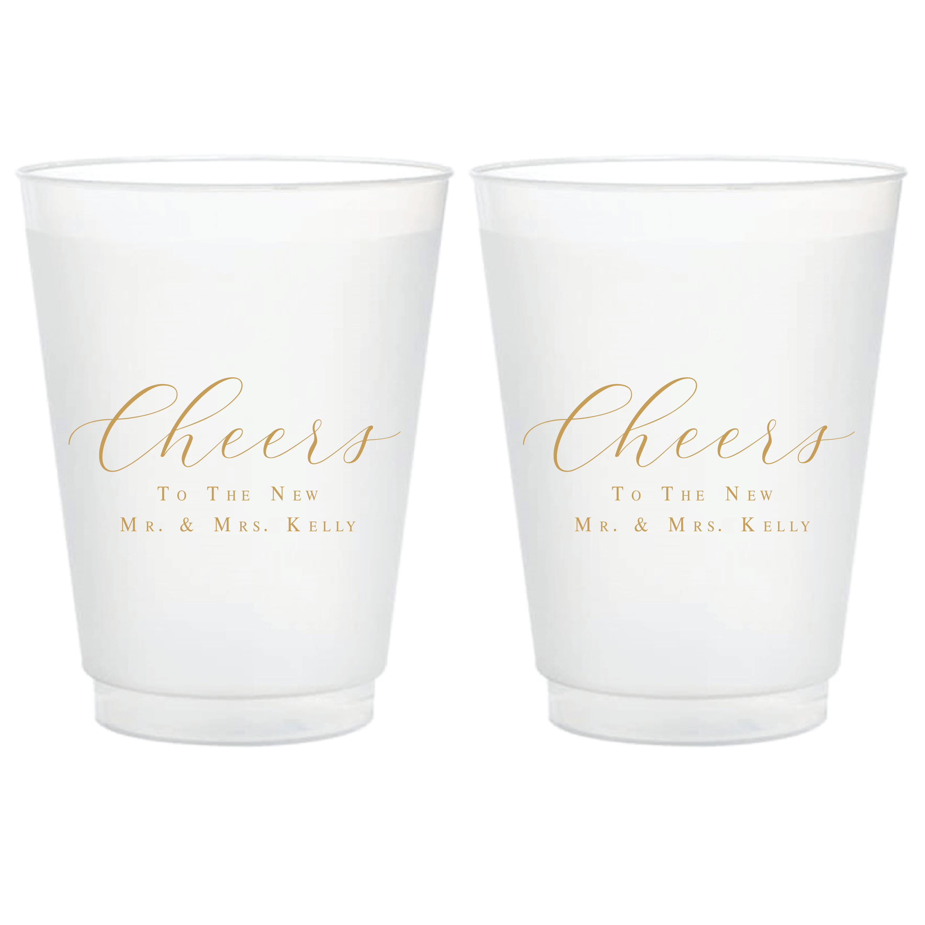 Pair of frosted cups with gold "Cheers to the Newlyweds" text and personalized names "Mr. & Mrs. Kelly"
