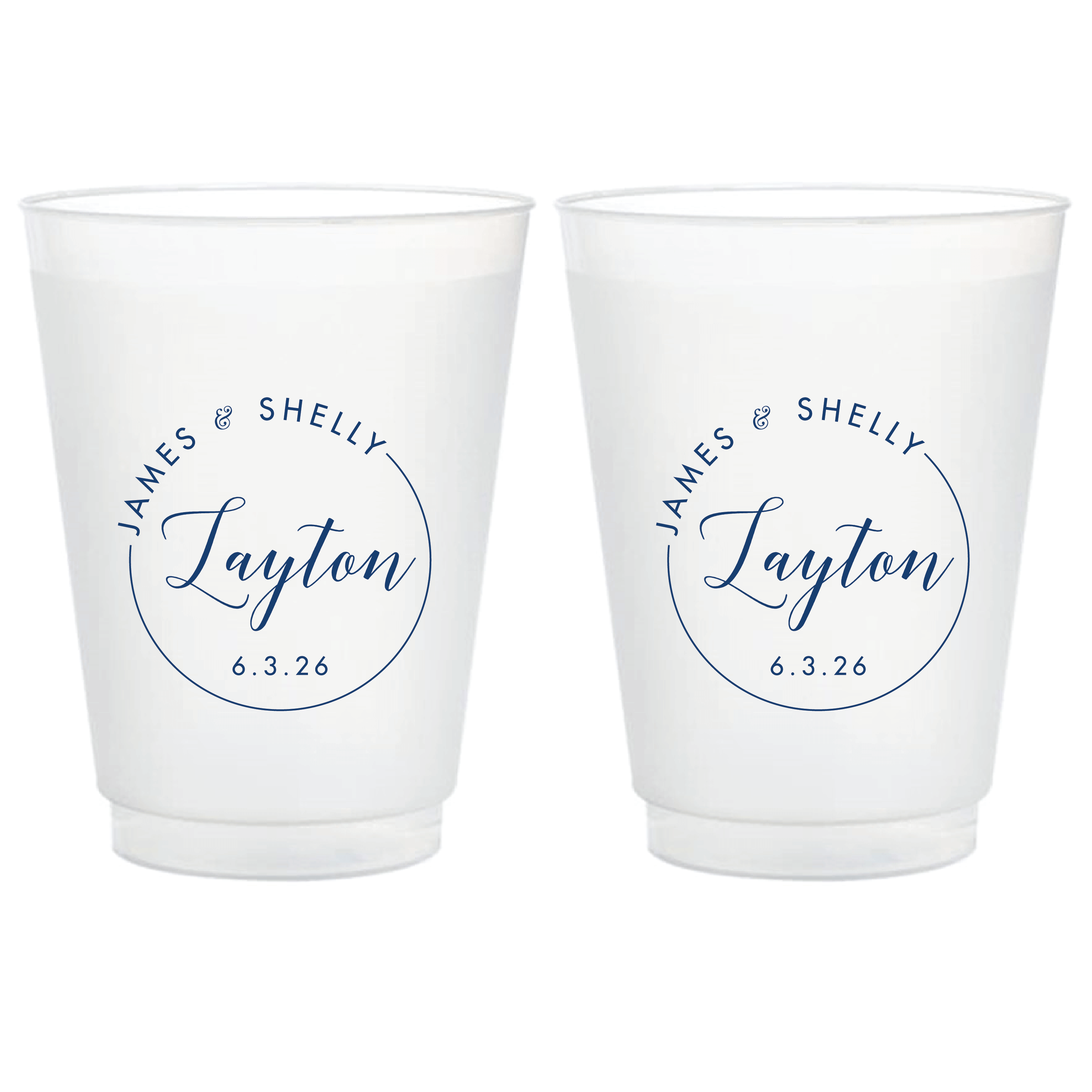 Pair of frosted cups with blue circular monogram design reading "James & Shelly Taylor 6.3.26"