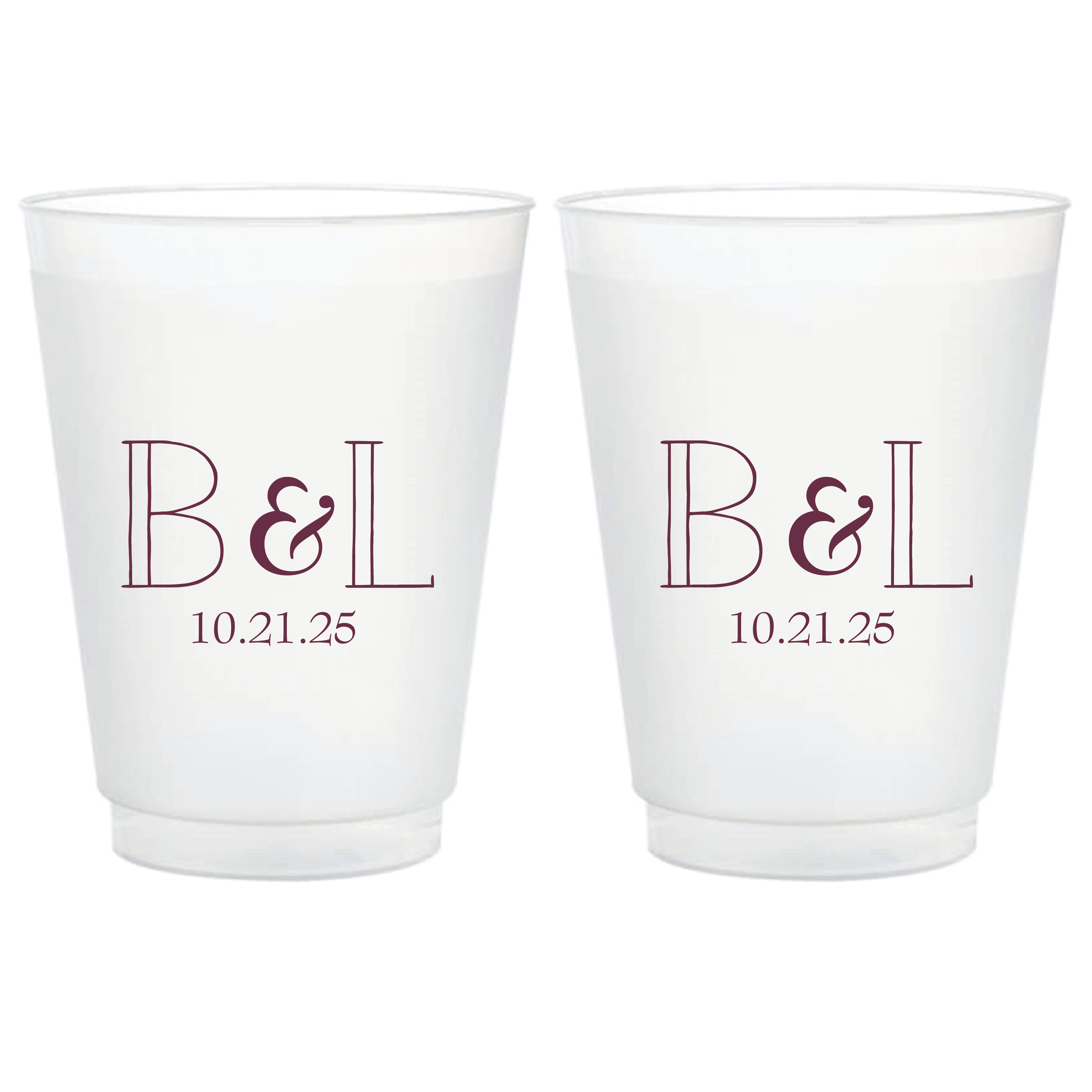 Pair of frosted cups with burgundy monogram "B&L" and date "10.21.25" printed on each cup