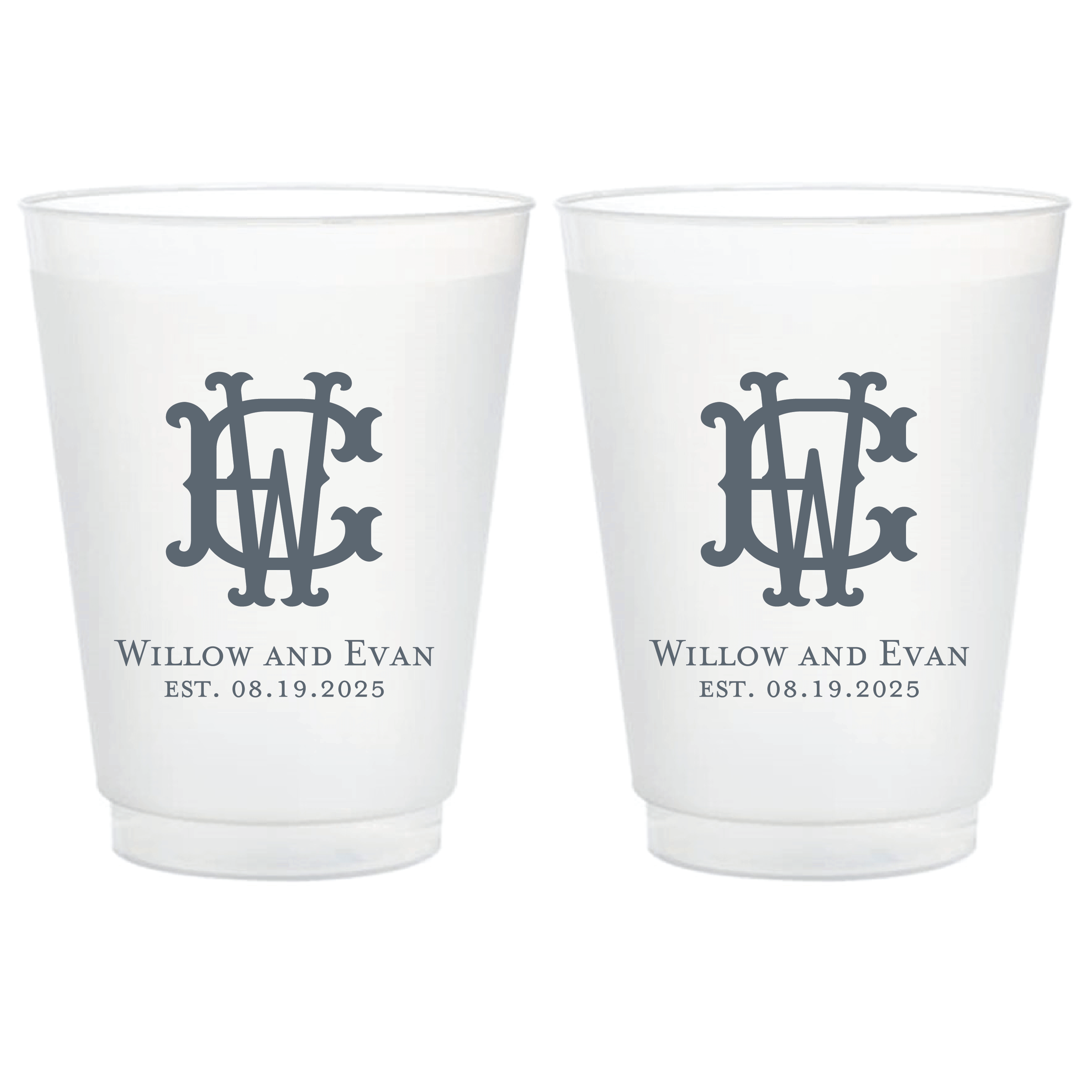 Pair of frosted cups with interlocking monogram and "Willow and Evan EST. 08.19.2025" personalization in navy blue ink.