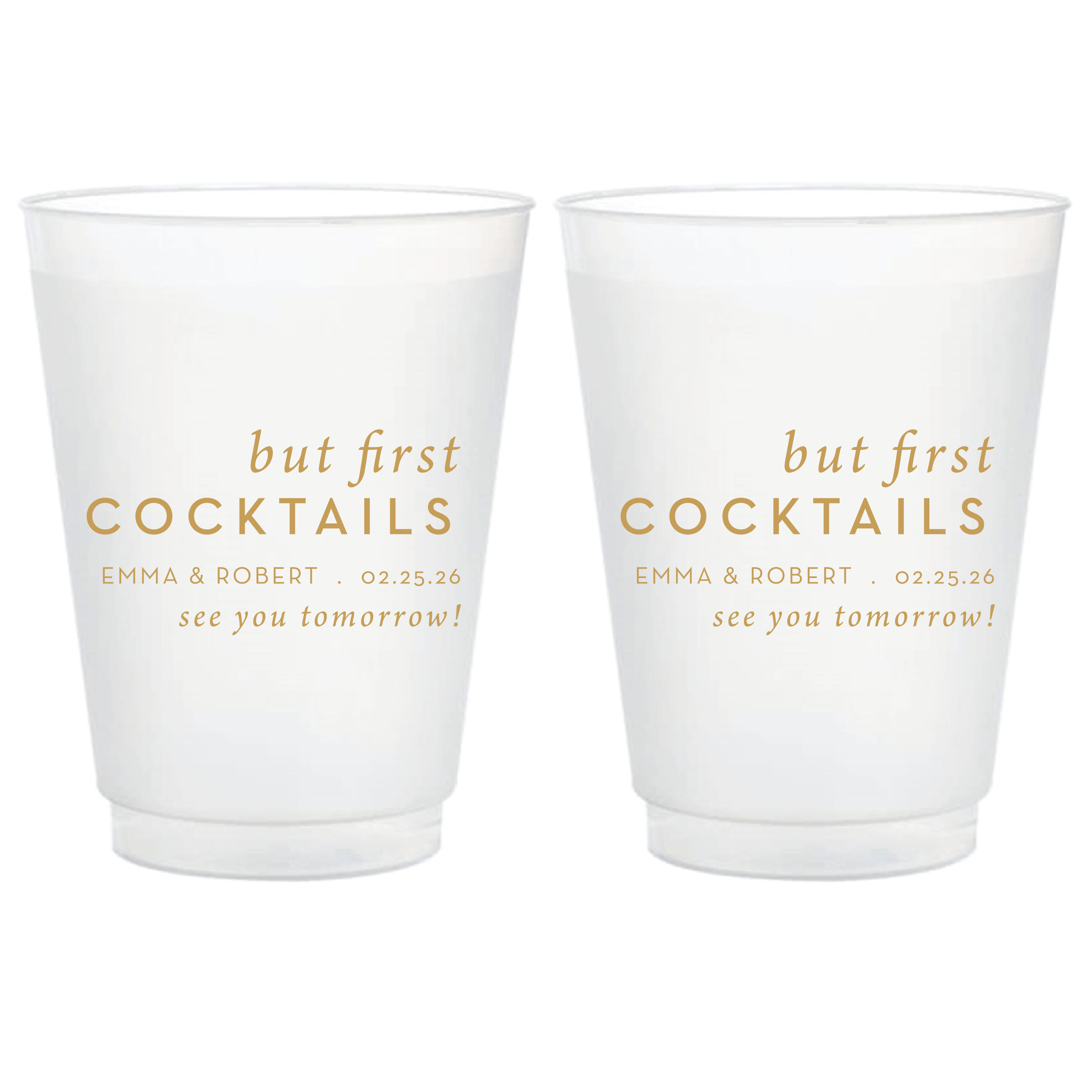 Two frosted cups with gold text reading "but first COCKTAILS" personalized with names and date