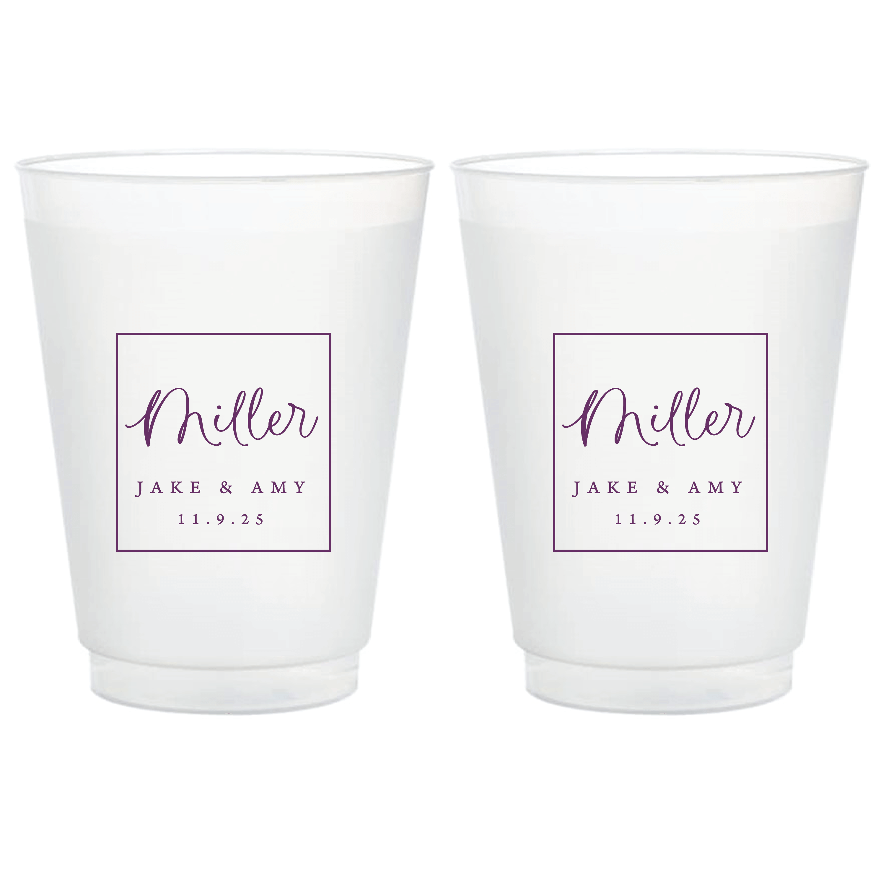 Pair of frosted cups with pink framed design reading "Miller" and "Jake & Amy 11.9.23"