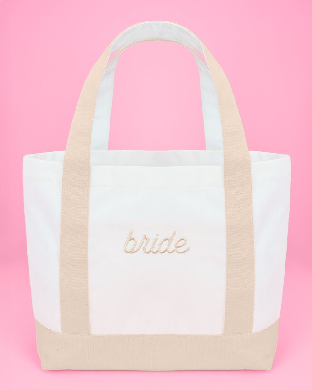 Beige embroidered Bride cotton tote — detail view