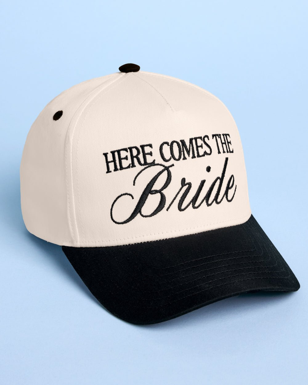 Here Comes the Bride Hat embroidered trucker hat — styled view