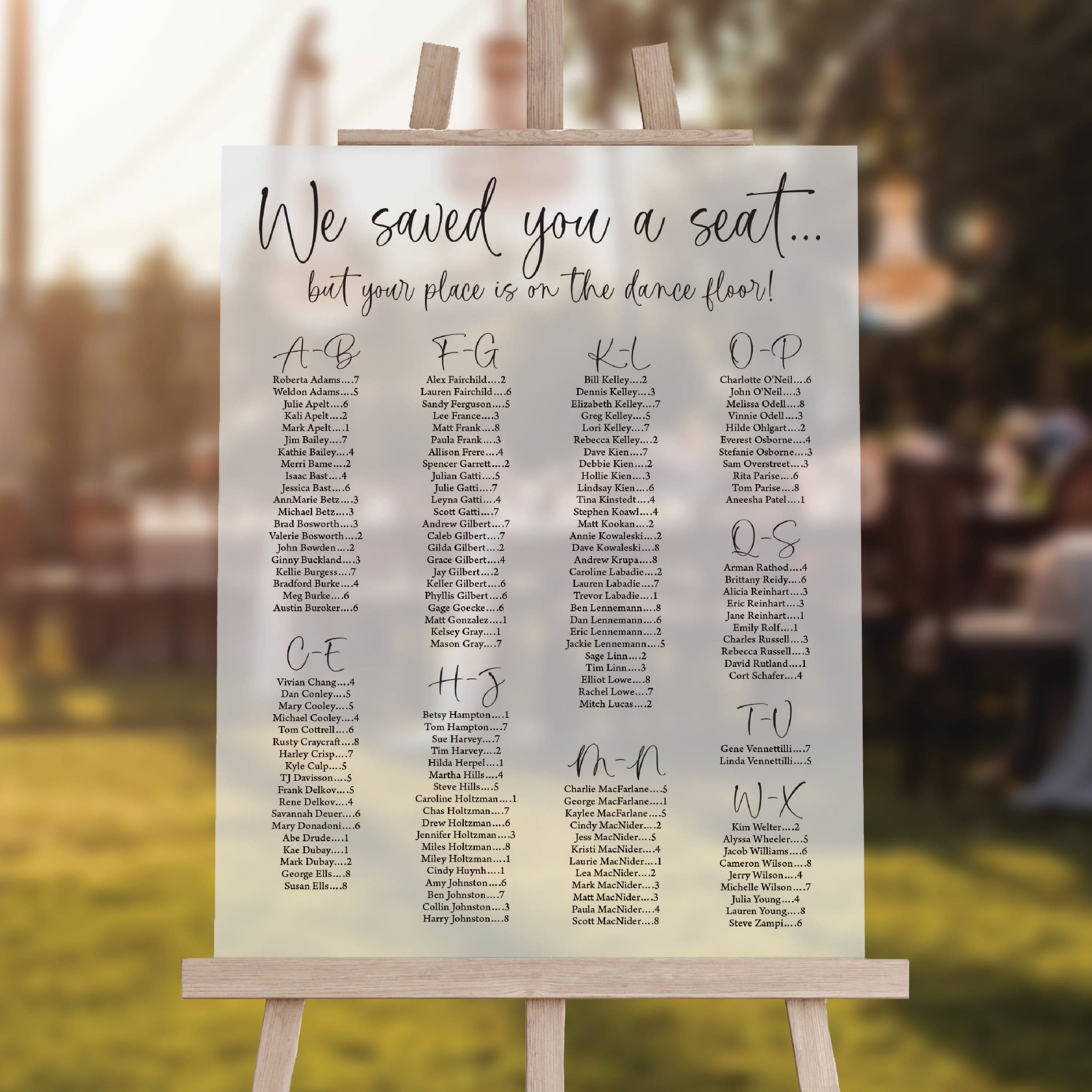 Alphabetical Script Wedding Seating Chart Sign - Welcome Sign